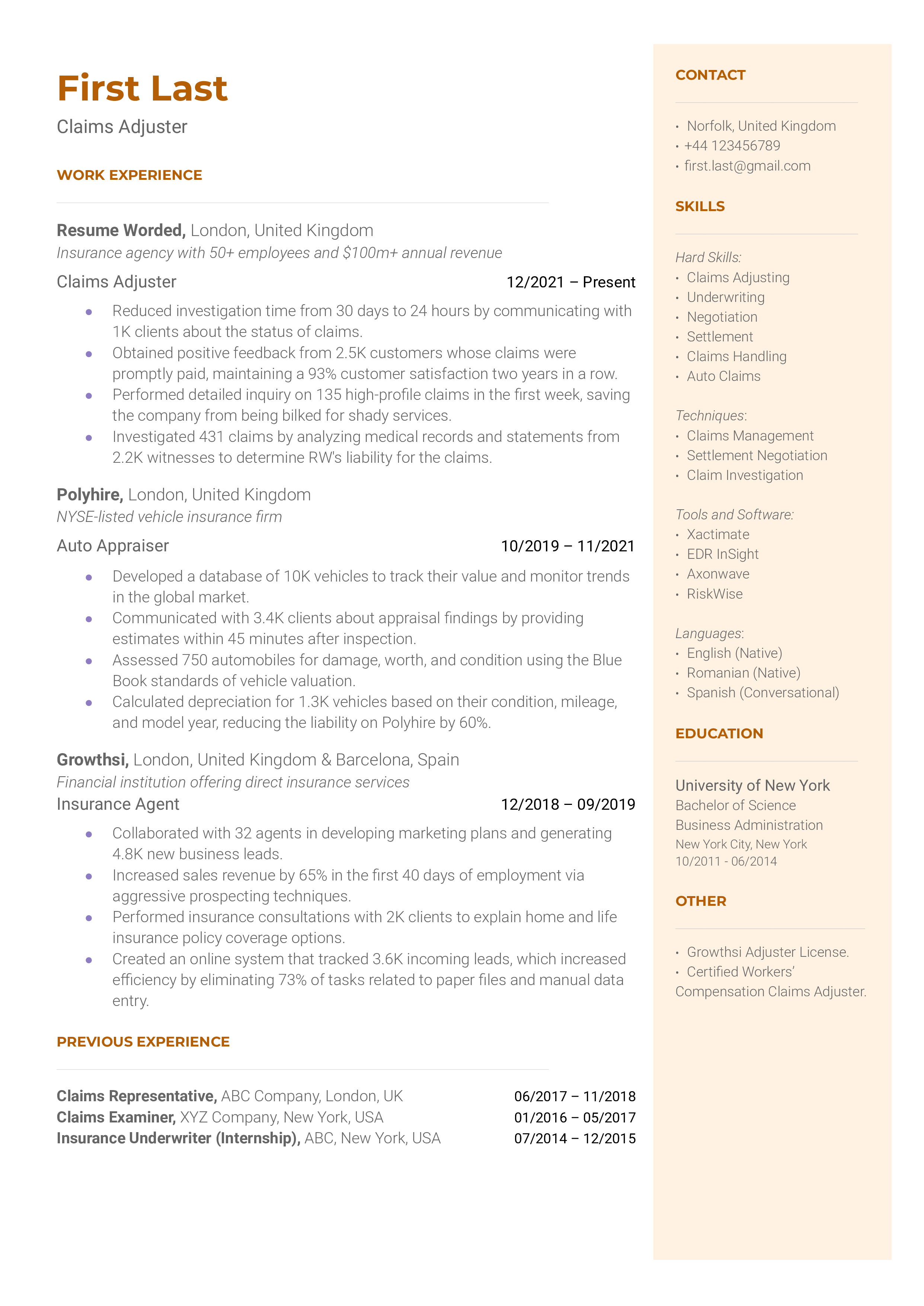 Claims Adjuster Resume Sample