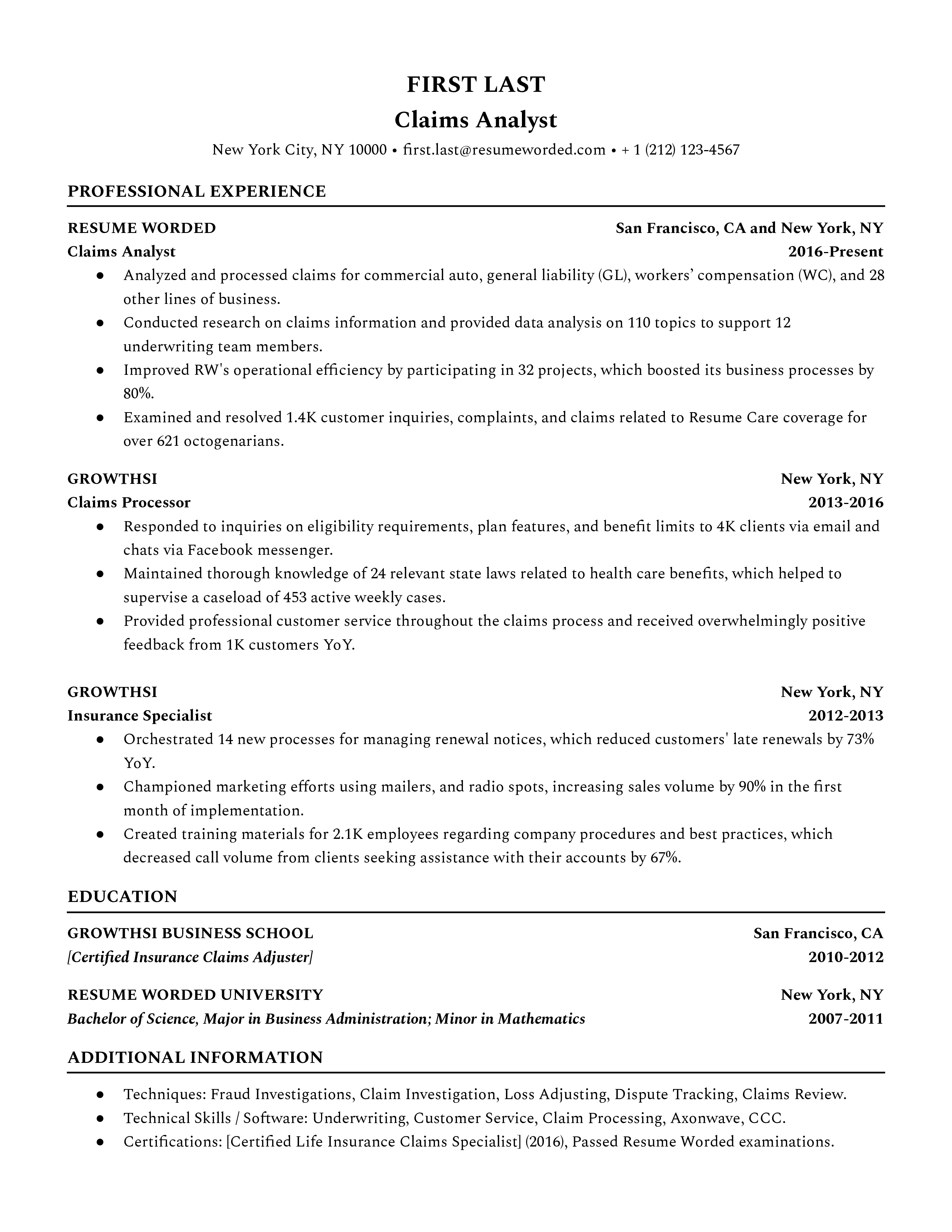 A well-structured CV for a Claims Analyst role showcasing quantitative abilities and tech-savviness.