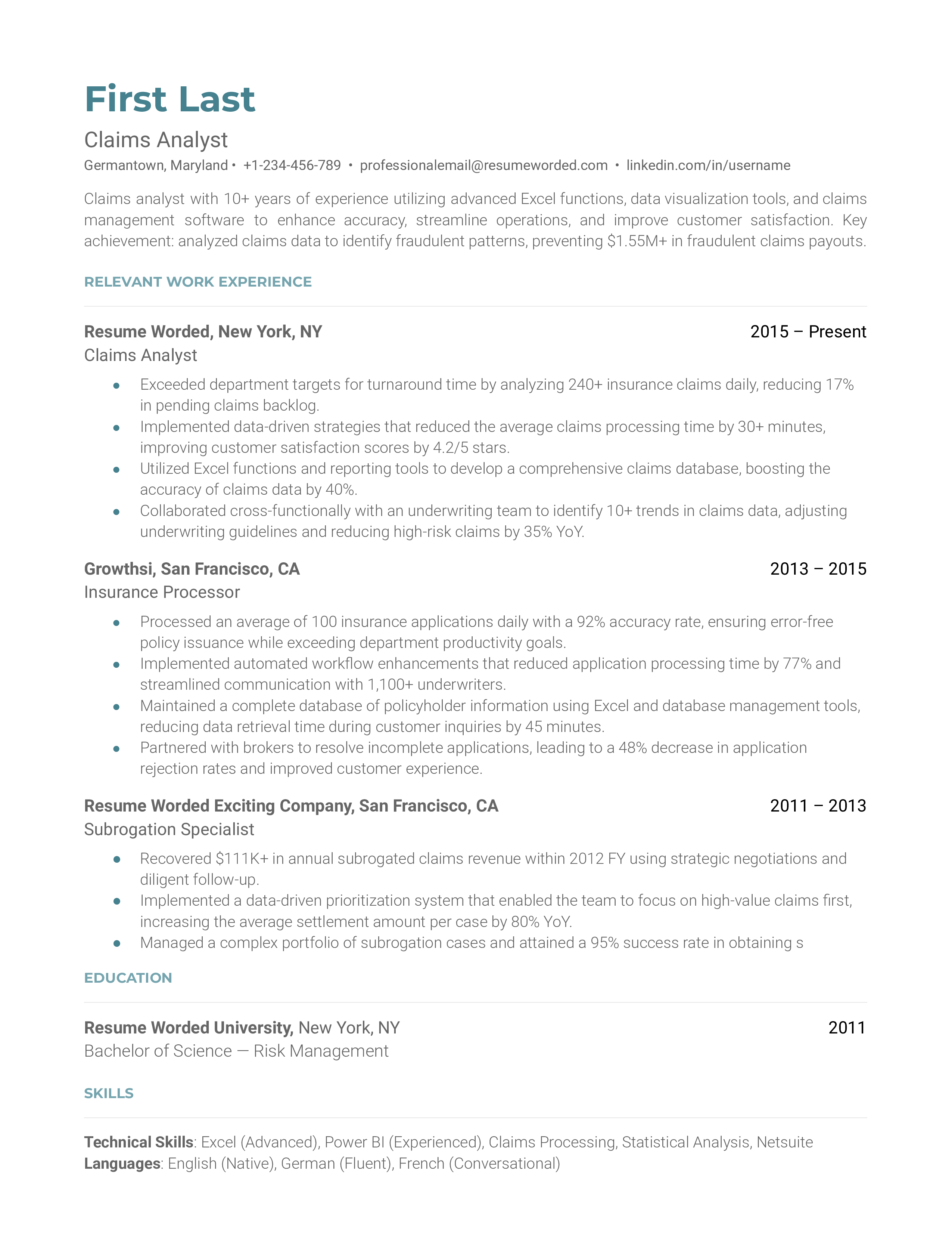 A professional resume showcasing skills and experience relevant for a Claims Analyst role.