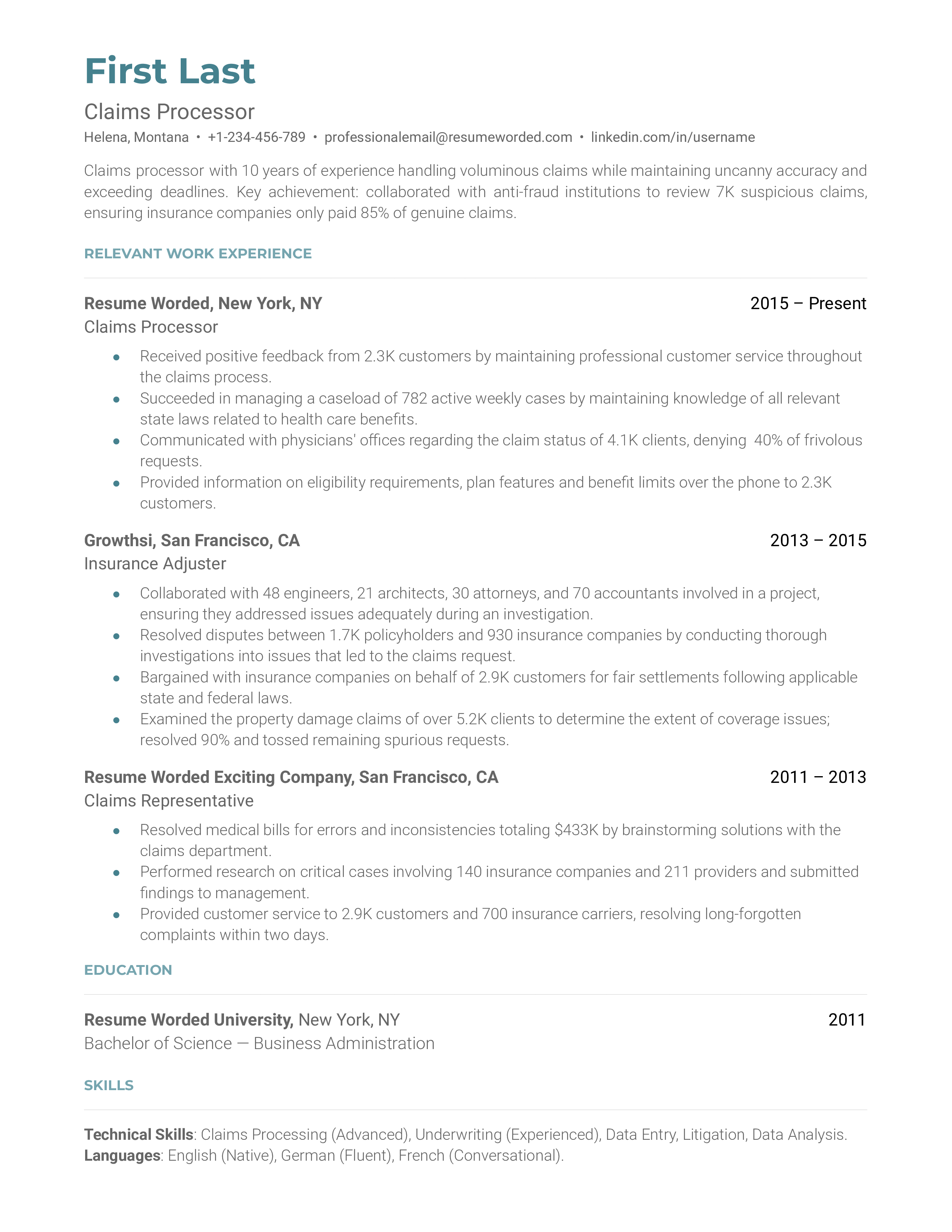 A CV for a Claims Processor showcasing investigation skills and technology expertise.