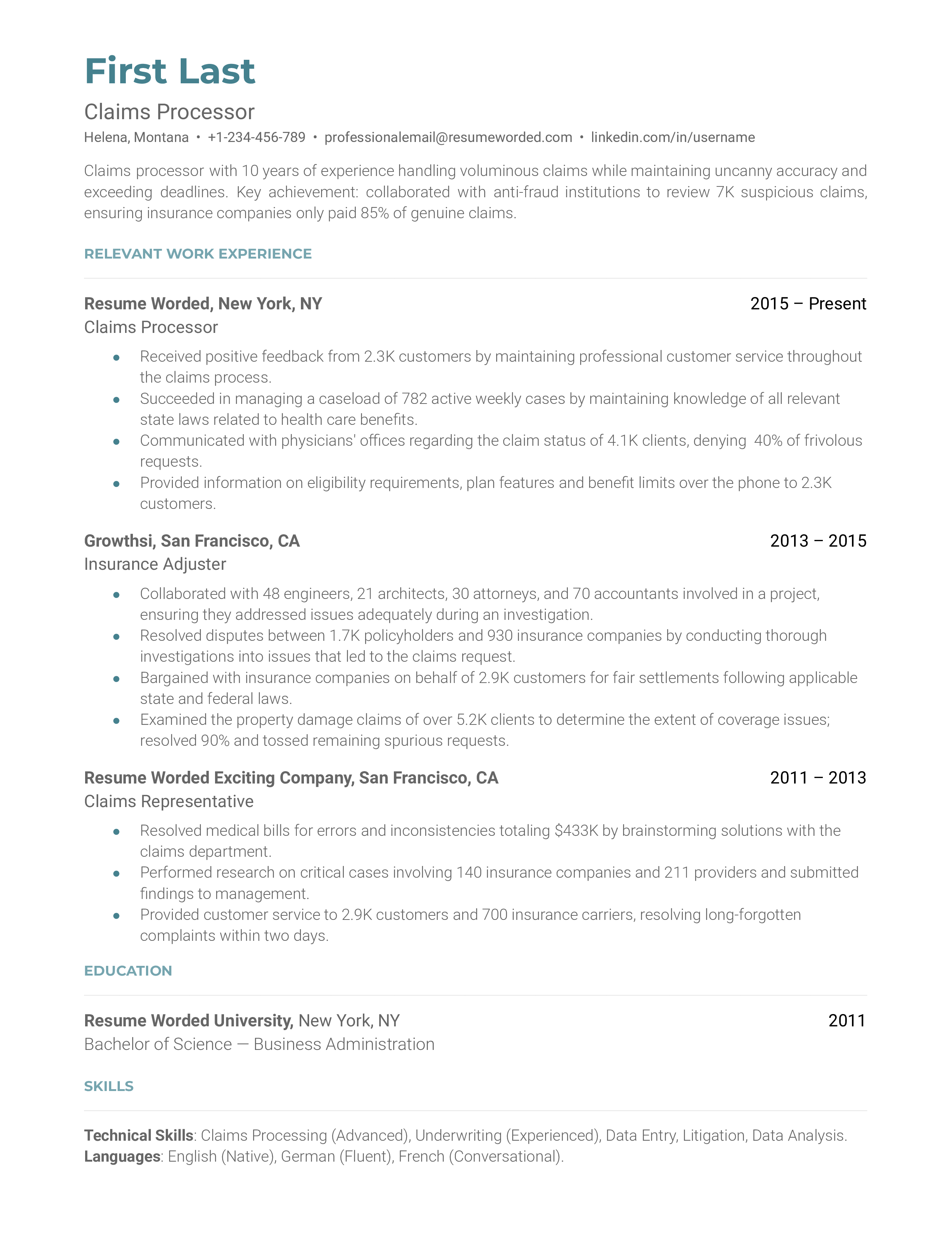 Entry Level Claims Adjuster Resume Example for 2023 Resume Worded