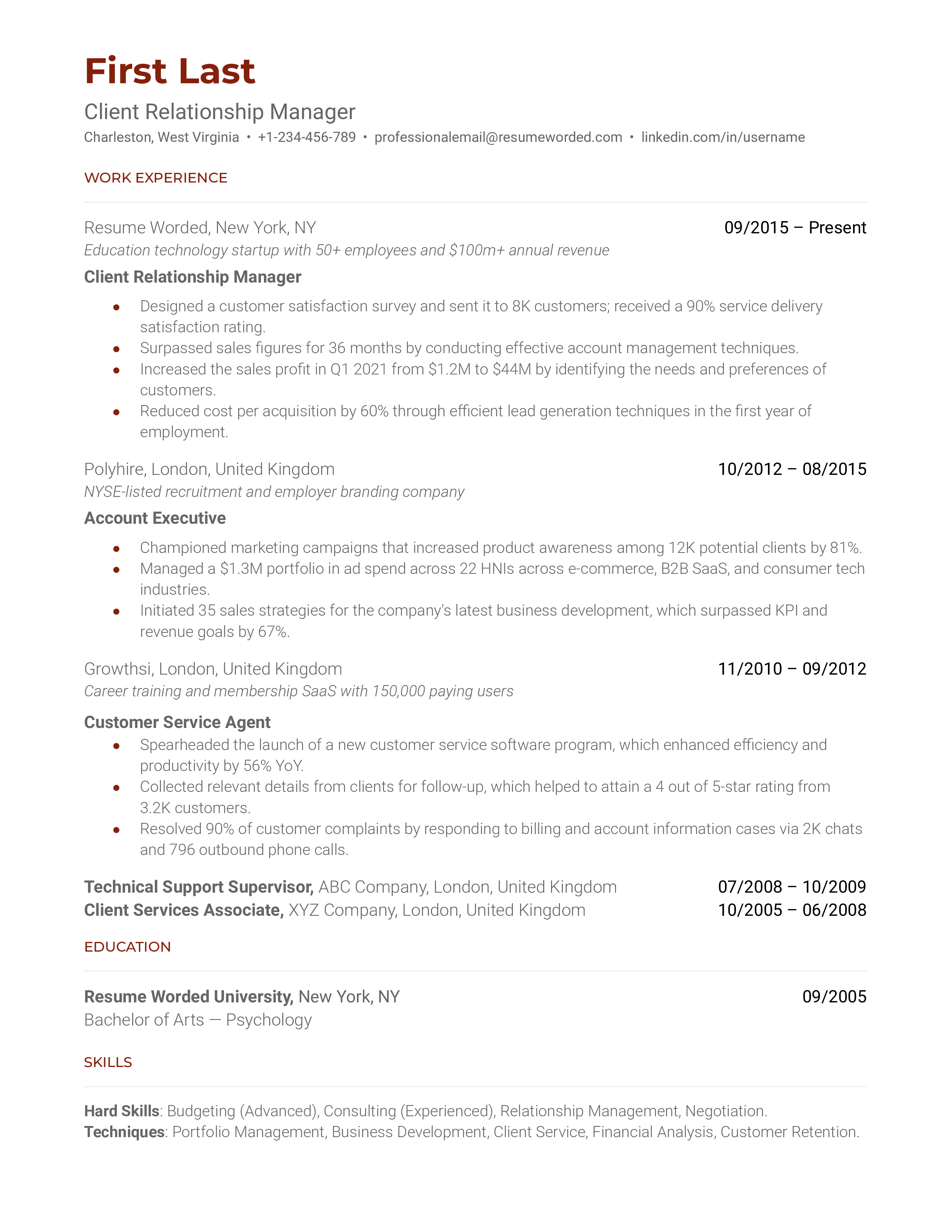 A CV showcasing a Client Relationship Manager's skills and achievements.