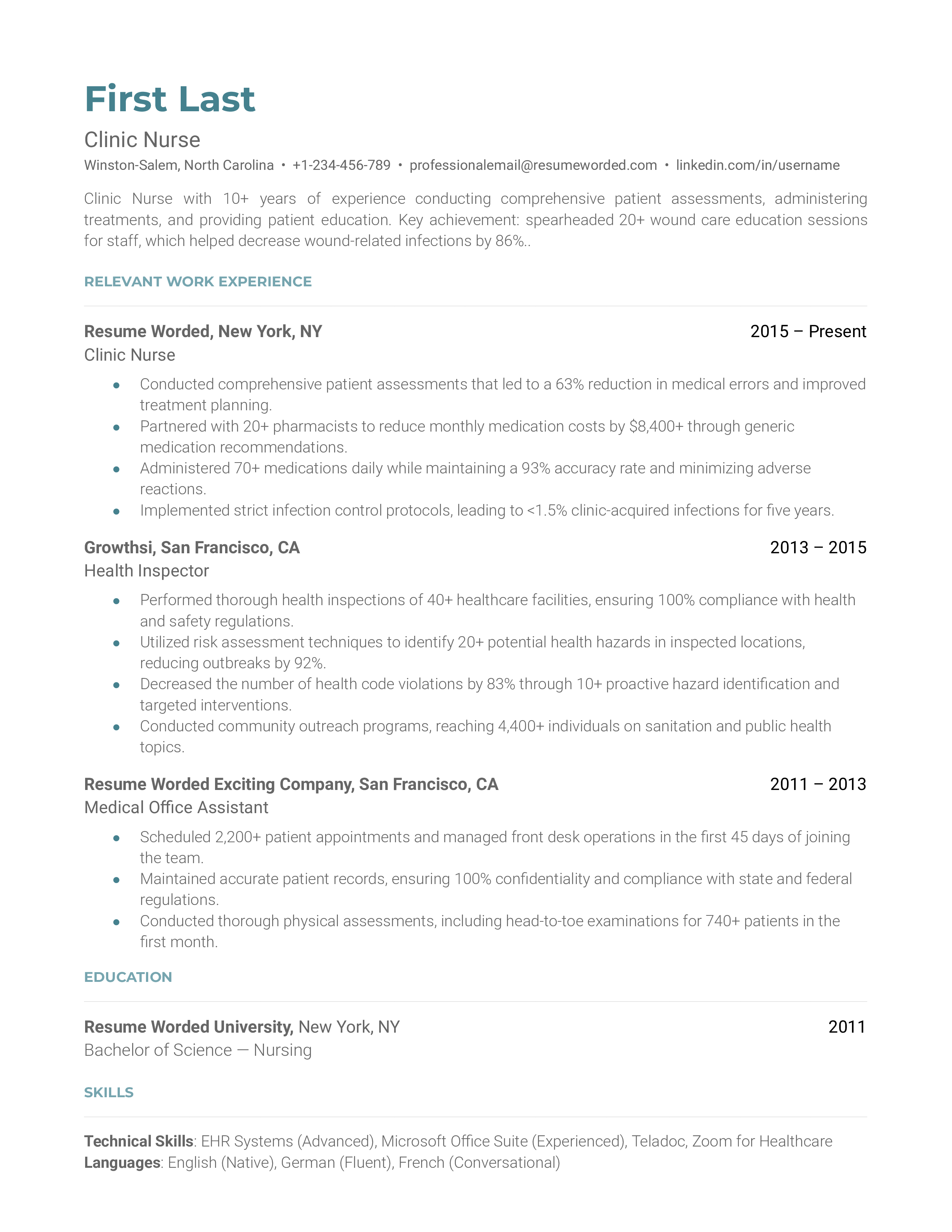 A detailed resume of a clinic nurse showcasing technical skills and patient education expertise.