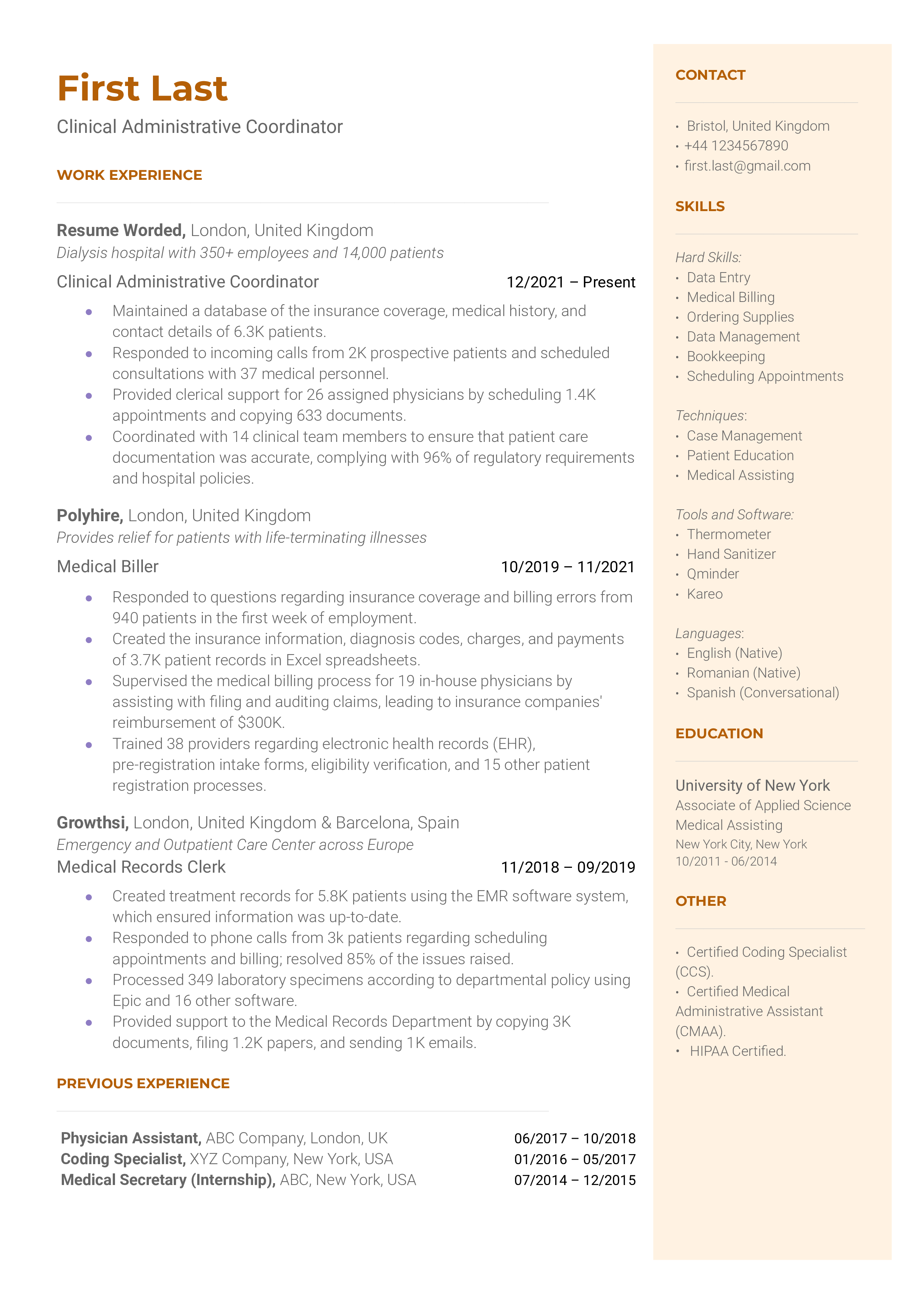 CV of a Clinical Administrative Coordinator showcasing software proficiency and liaison experience.
