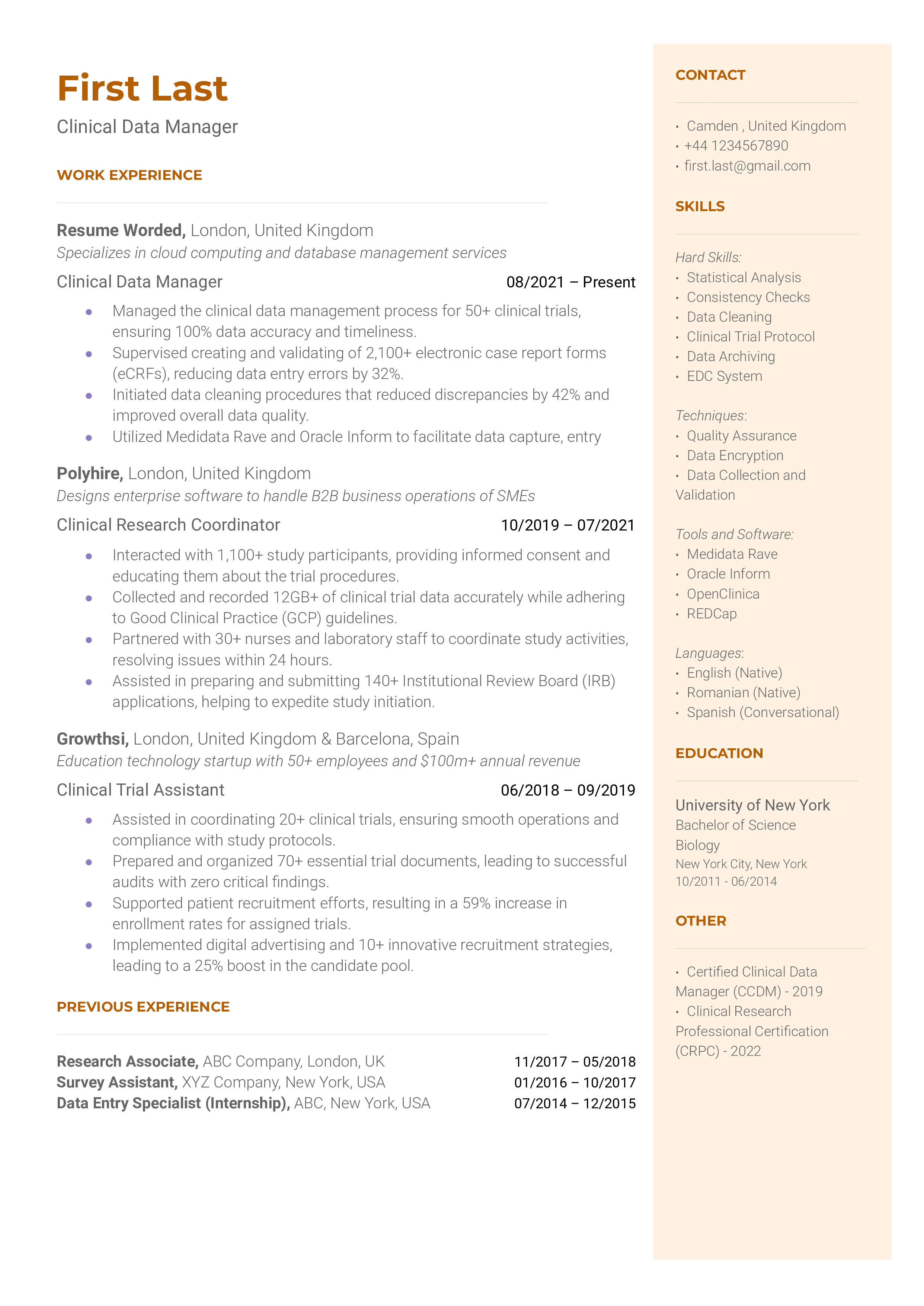 A resume for a Clinical Data Manager displaying their technical skills and regulatory knowledge.