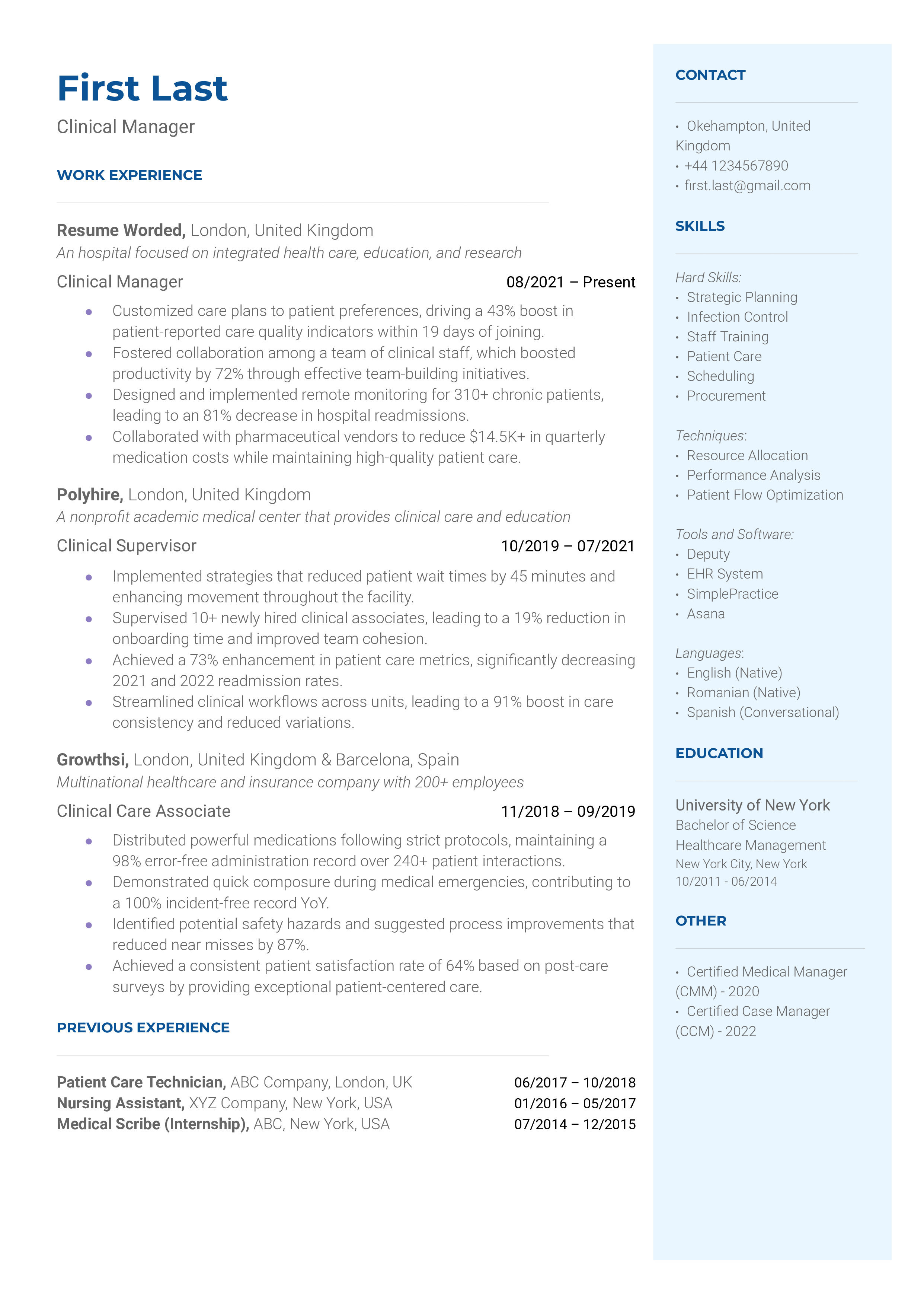 Clinical Manager Resume Sample