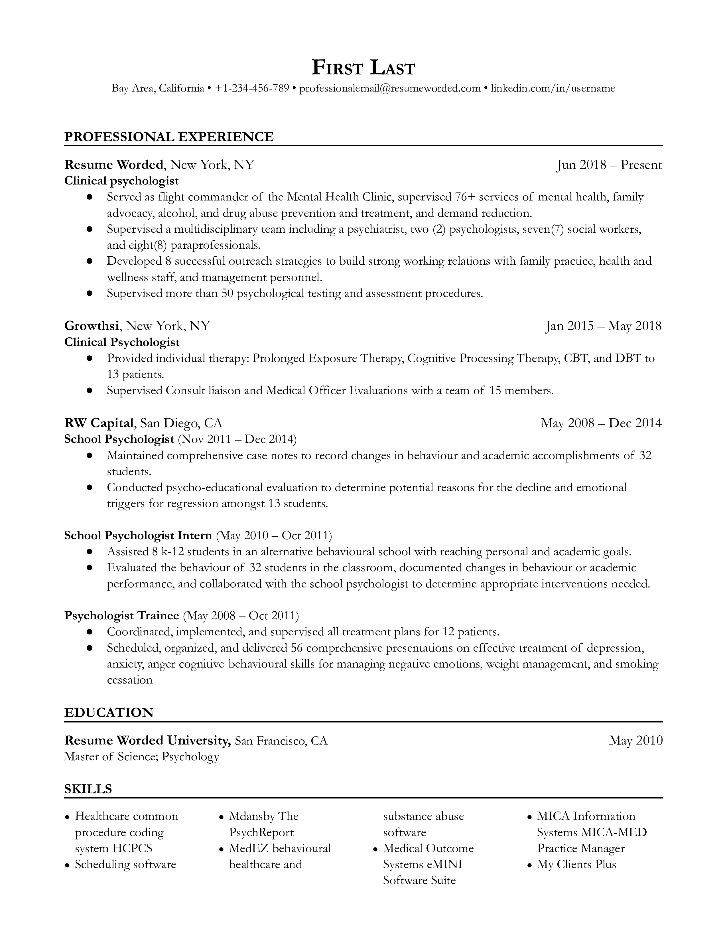 Professional CV of a Clinical Psychologist showcasing diverse clinical experience and continuous professional development.