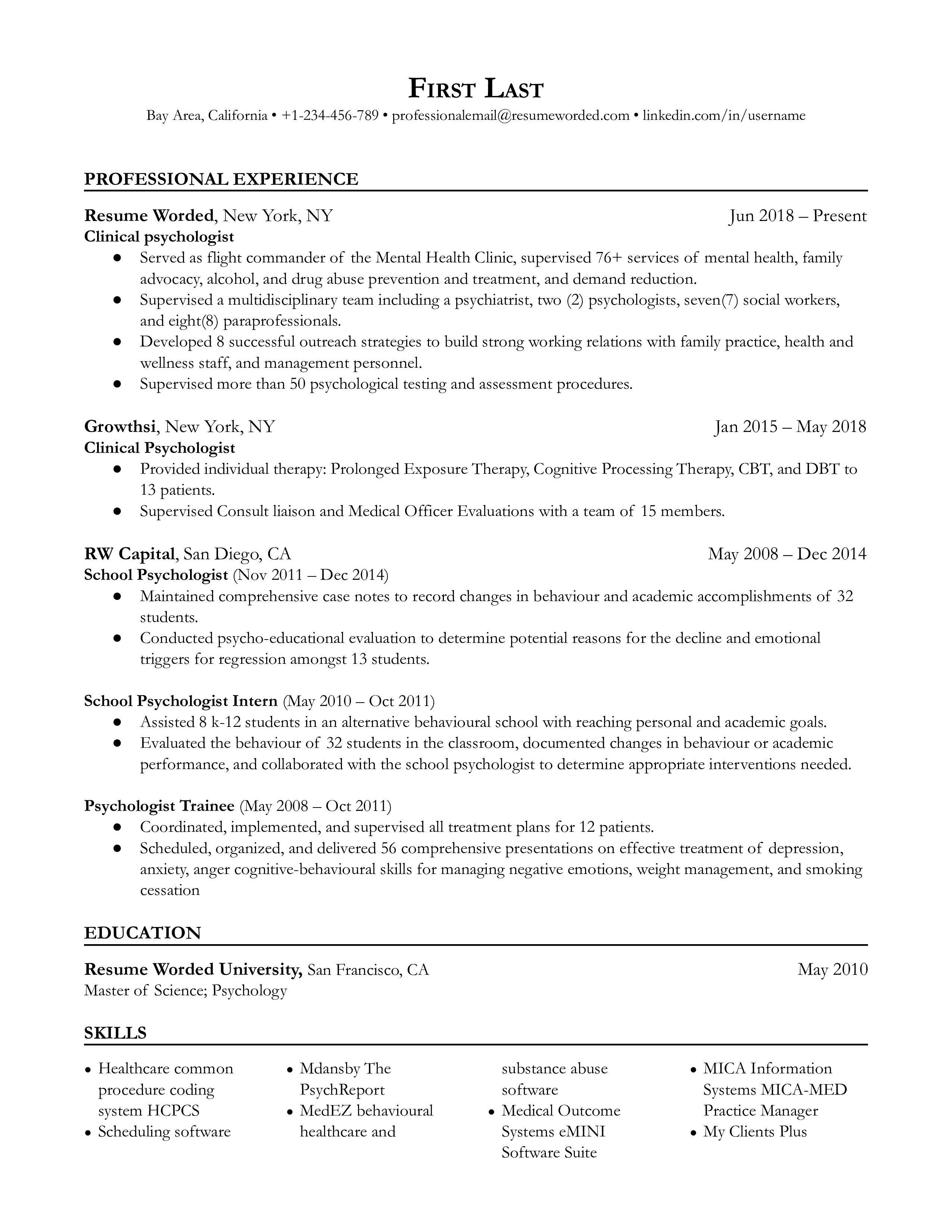 Clinical Psychologist Resume Sample