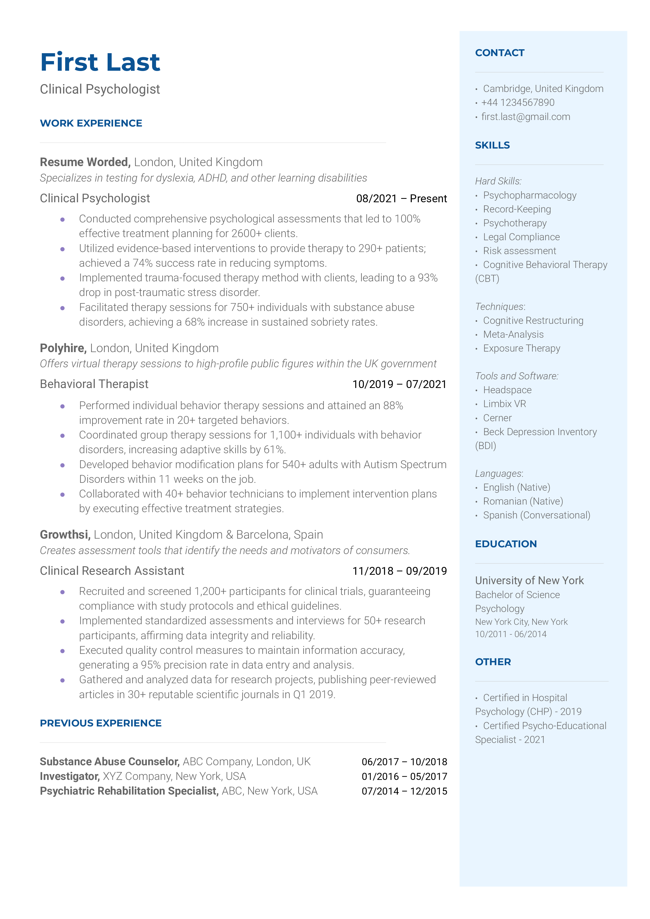 Clinical Psychologist CV Example For 2023 Resume Worded