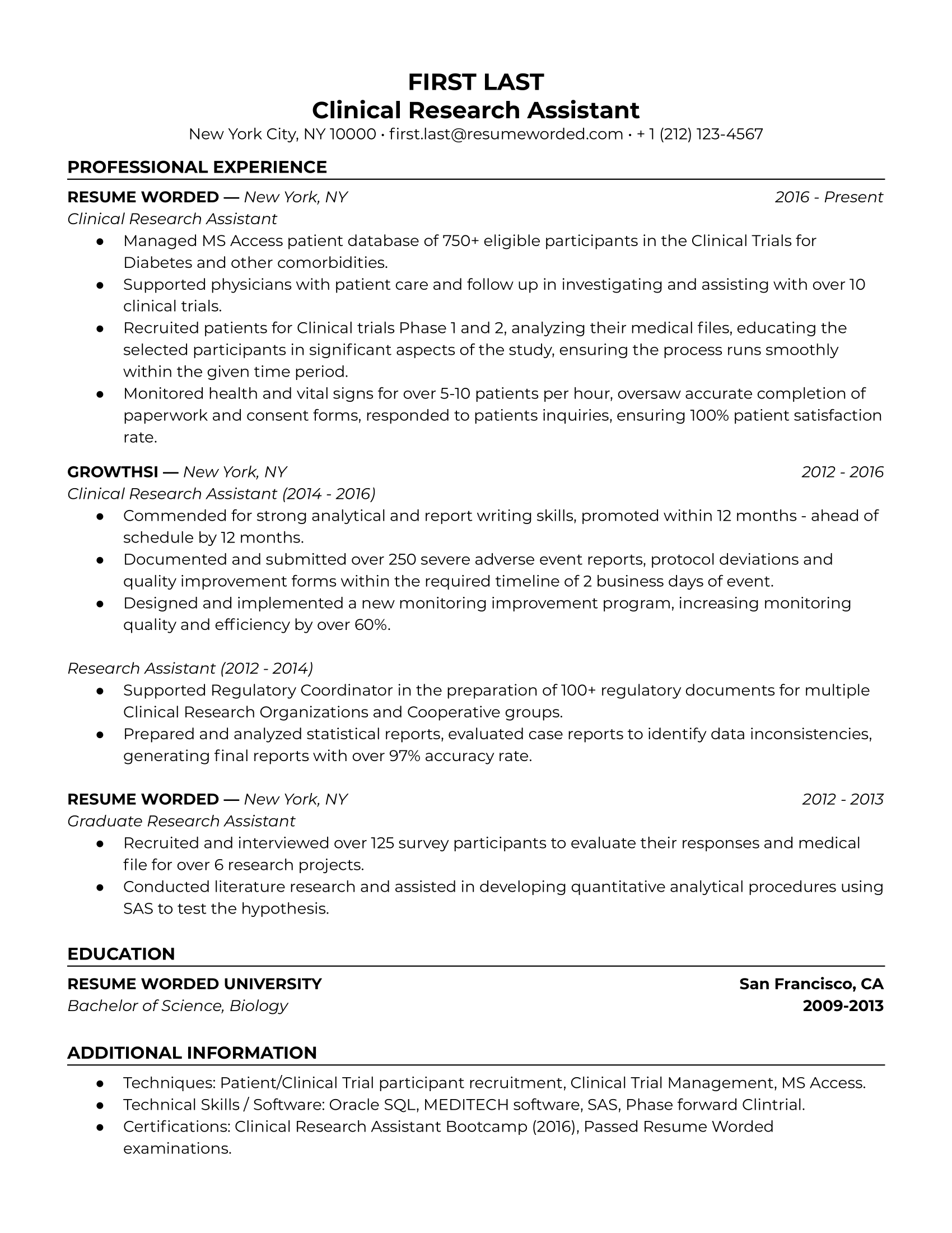 Clinical research assistant resume summary example focused on clinical research experience and using subsections for hard skills