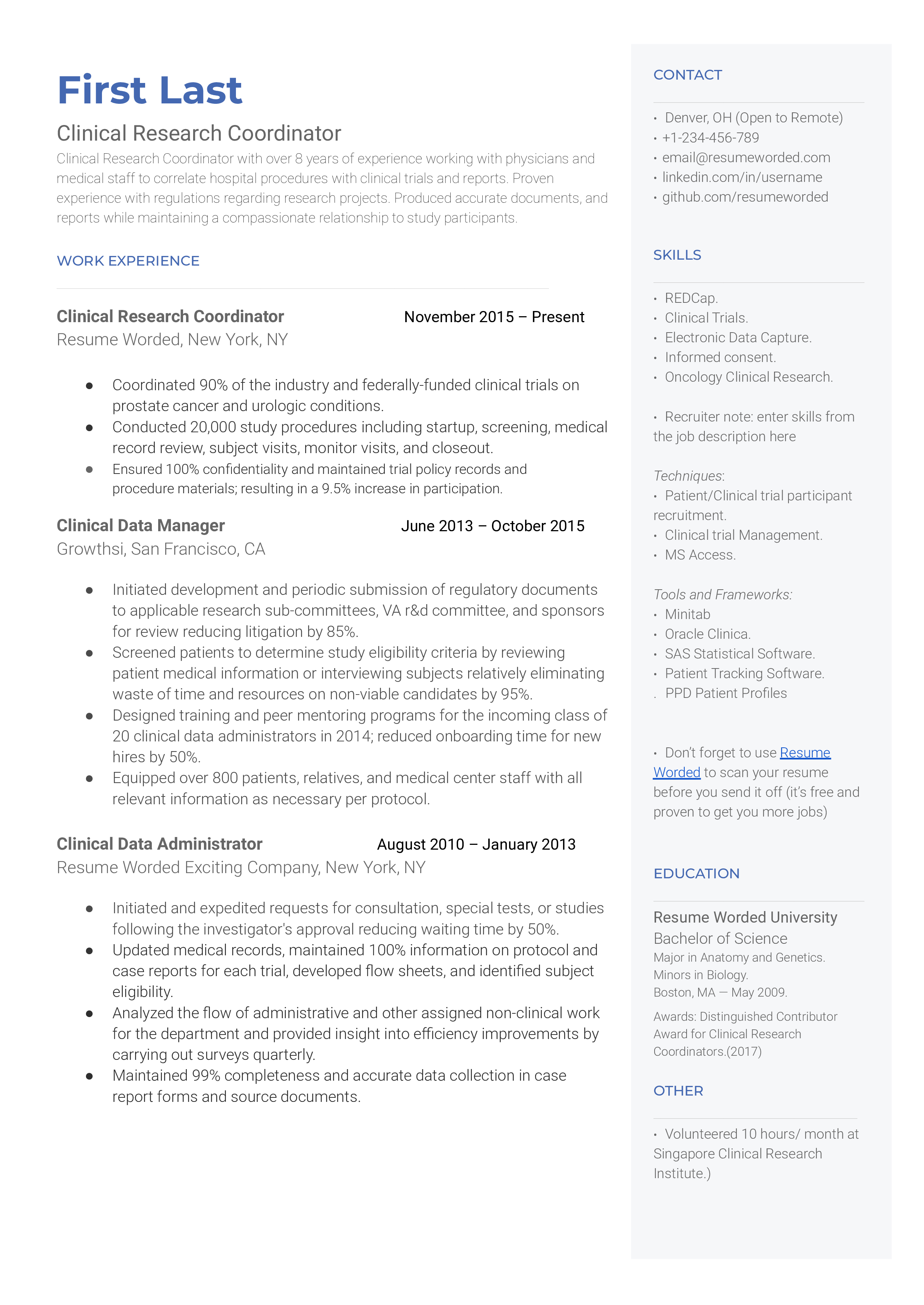 Clinical Research Coordinator Resume Example for 2023 Resume Worded