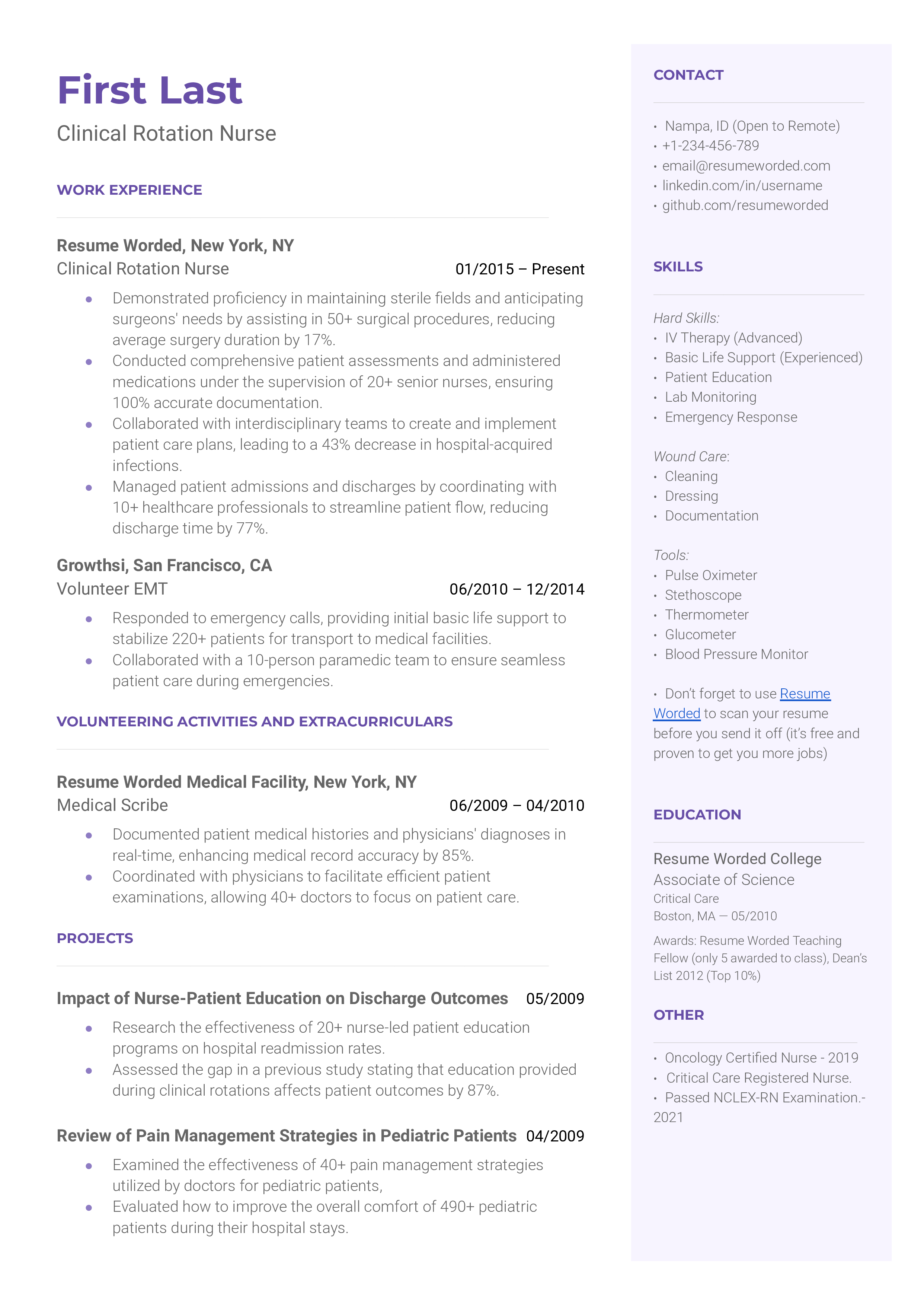 A resume for a Clinical Rotation Nurse showcasing versatility in hospital work.