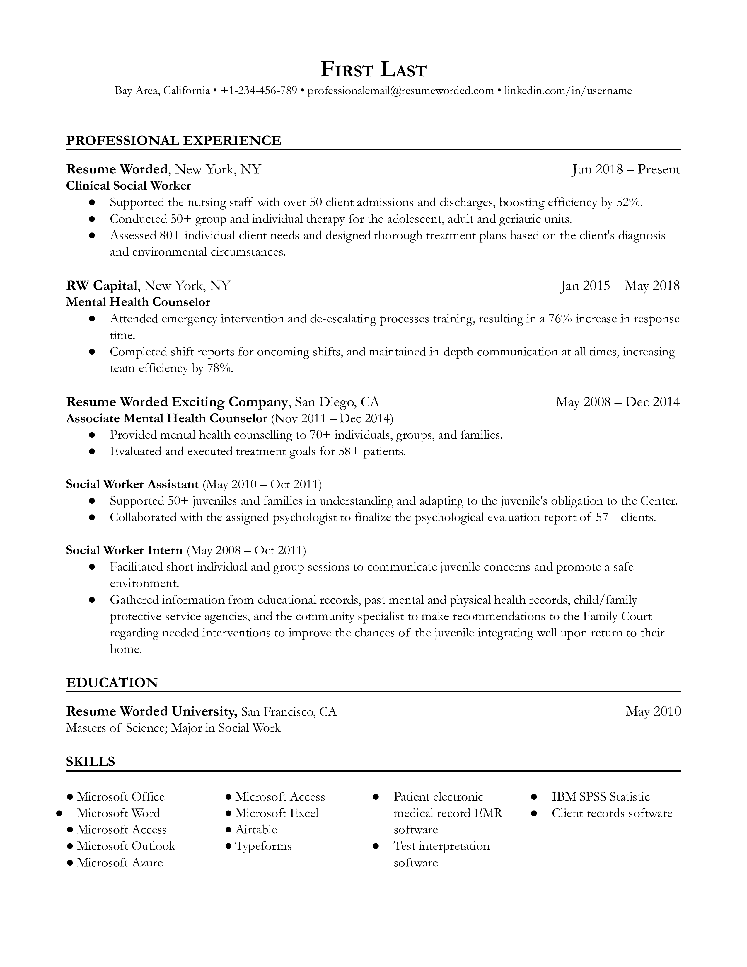A clinical social worker resume that highlights experience, volunteering, and counseling.
