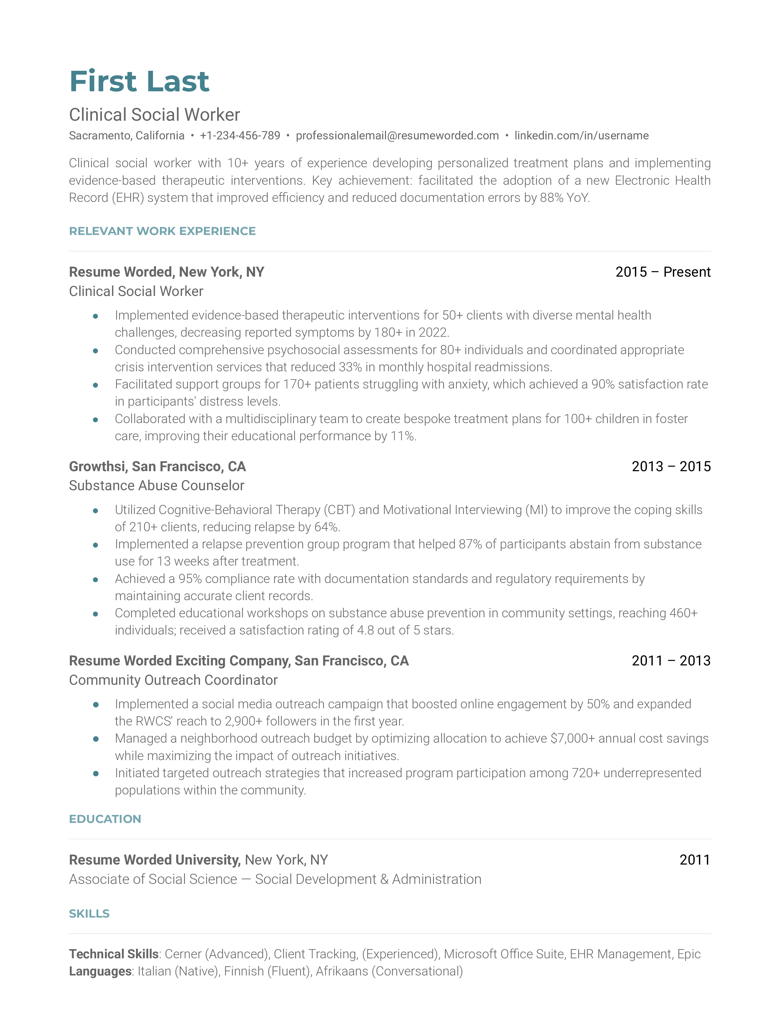 A Clinical Social Worker's CV showcasing professional experience and interdisciplinary collaboration skills.