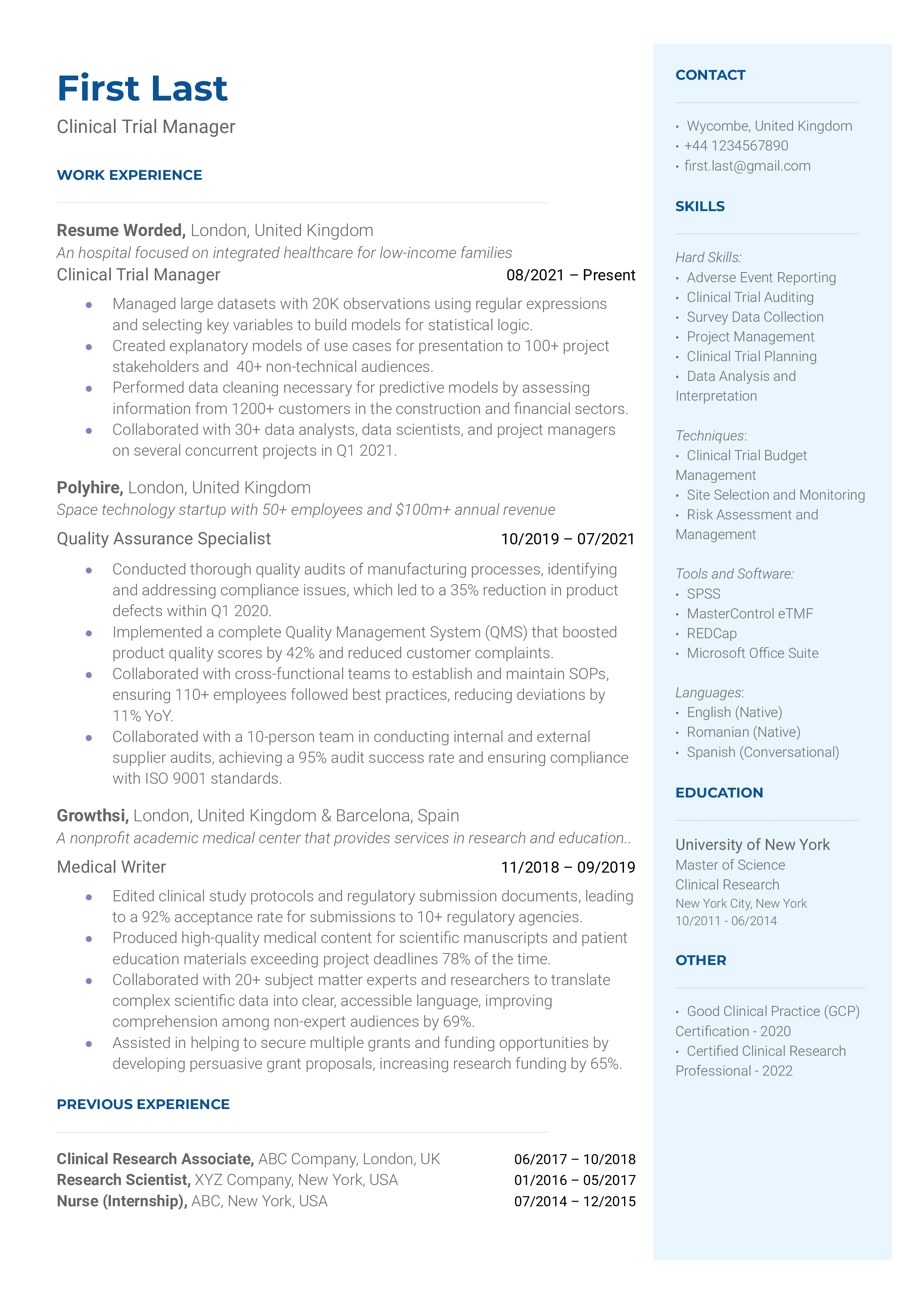 A well-structured resume for a Clinical Trial Manager showcasing relevant qualifications and technological proficiency.