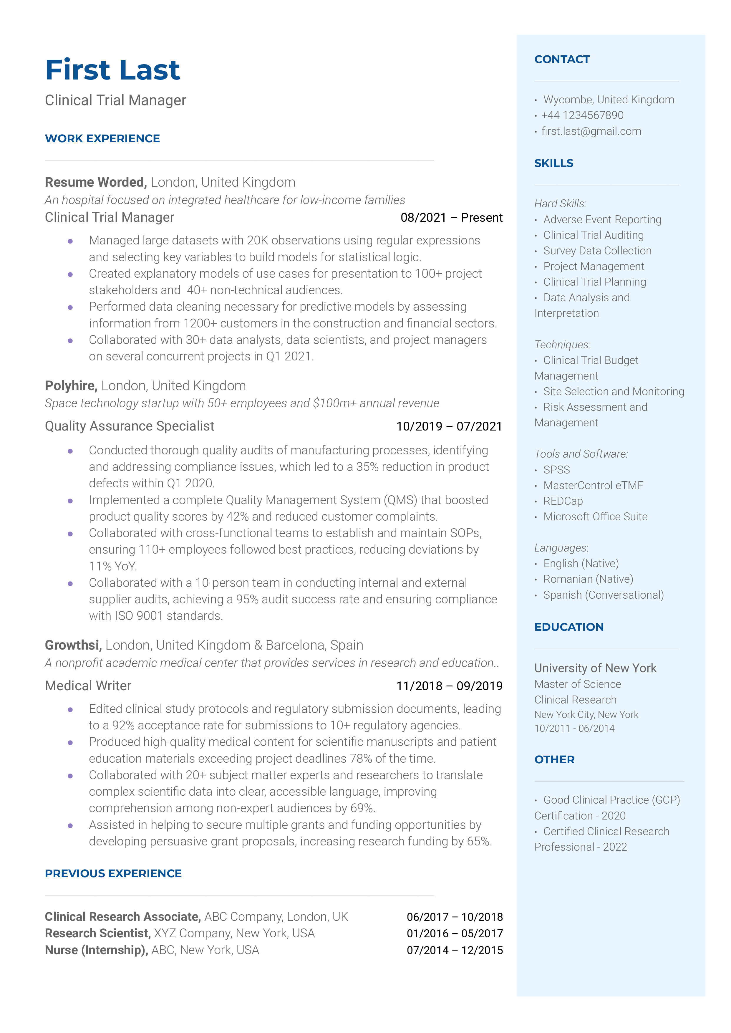 Clinical Trial Manager Resume Examples for 2025 | Resume Worded