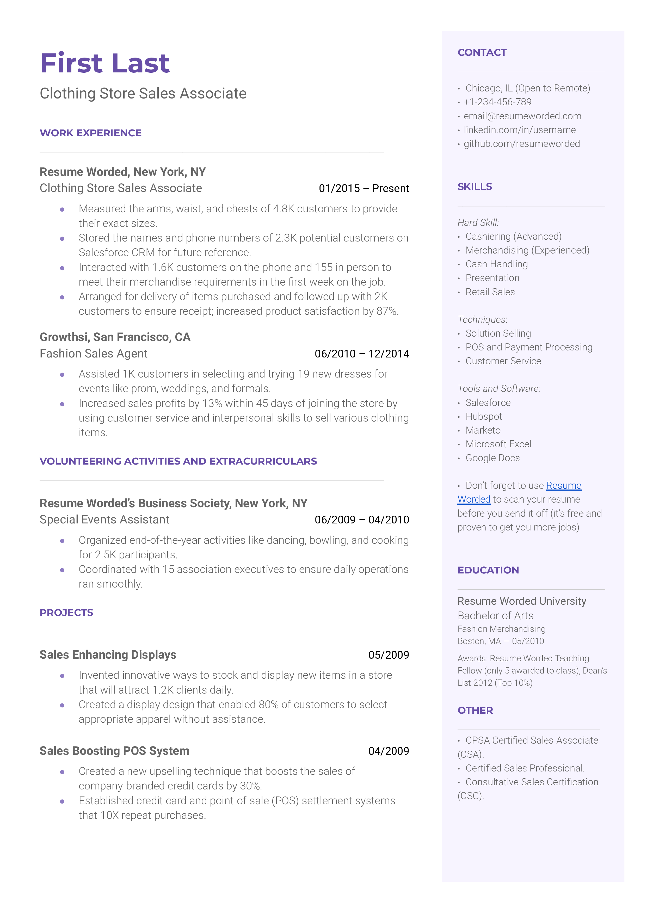Clothing Store Sales Associate Resume Example For 2023 Resume Worded