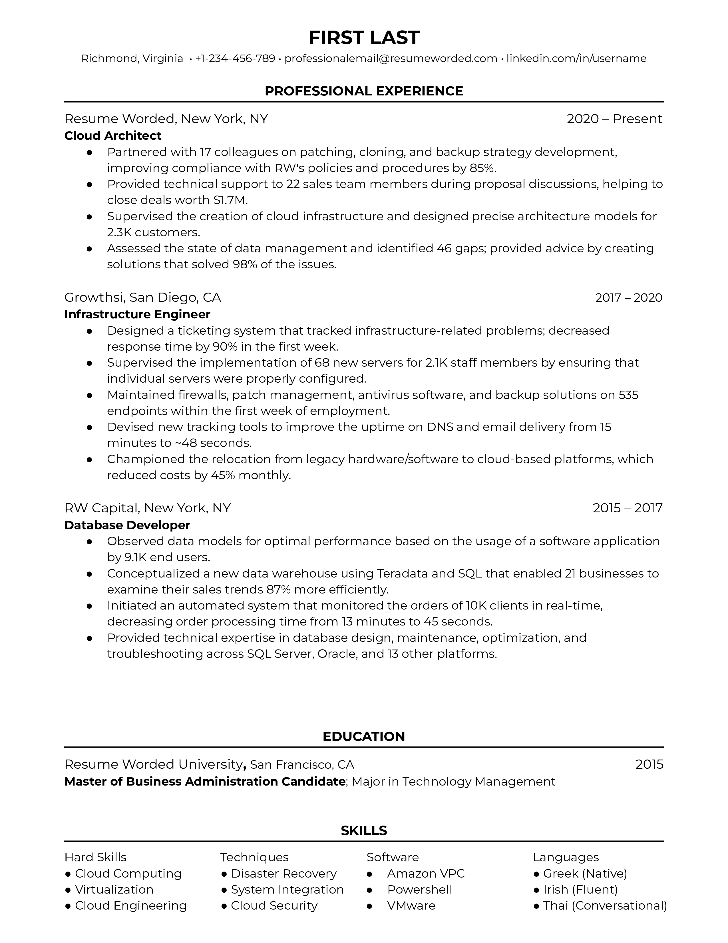 Cloud architect CV screenshot highlighting problem-solving and technical skills.