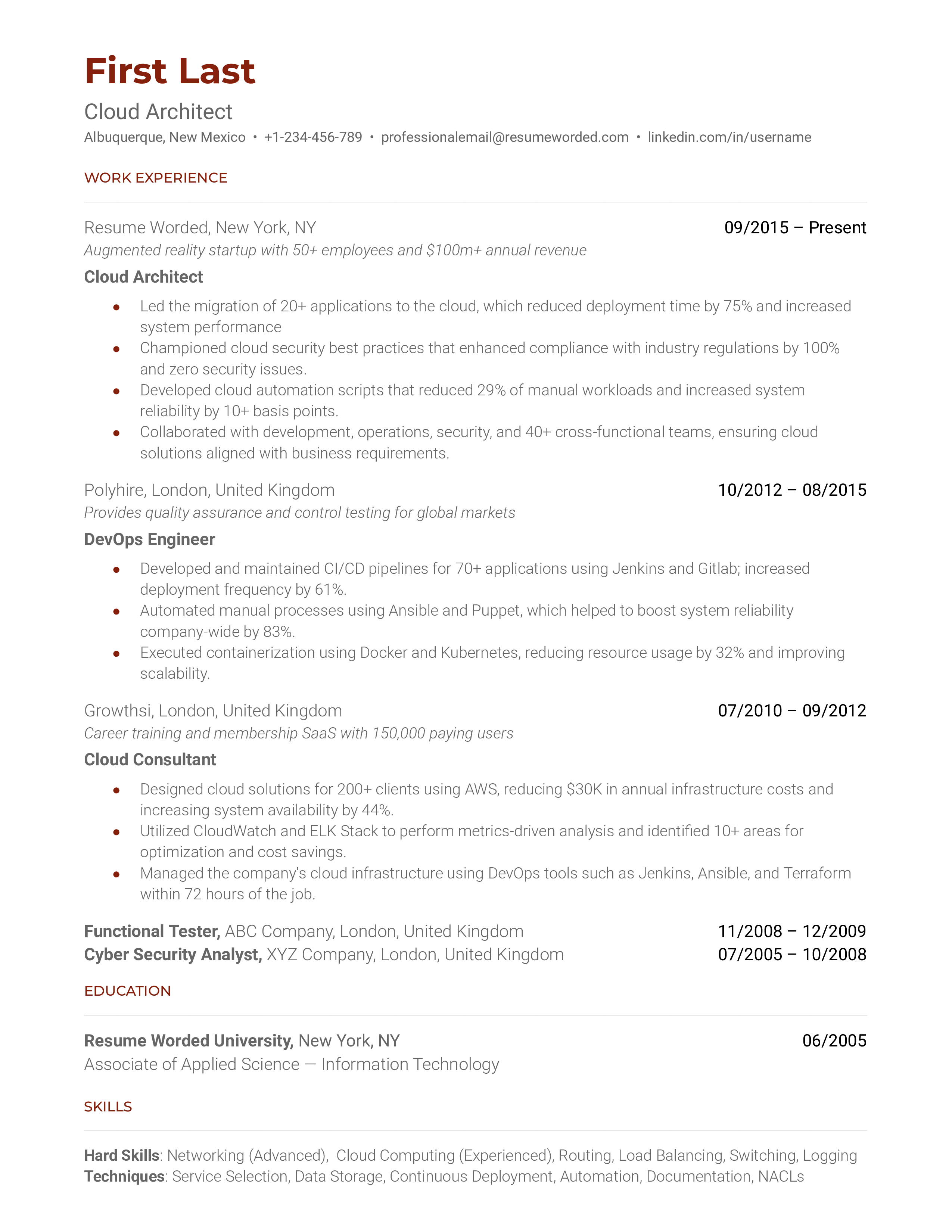 A Cloud Architect CV showcasing business and technical skills