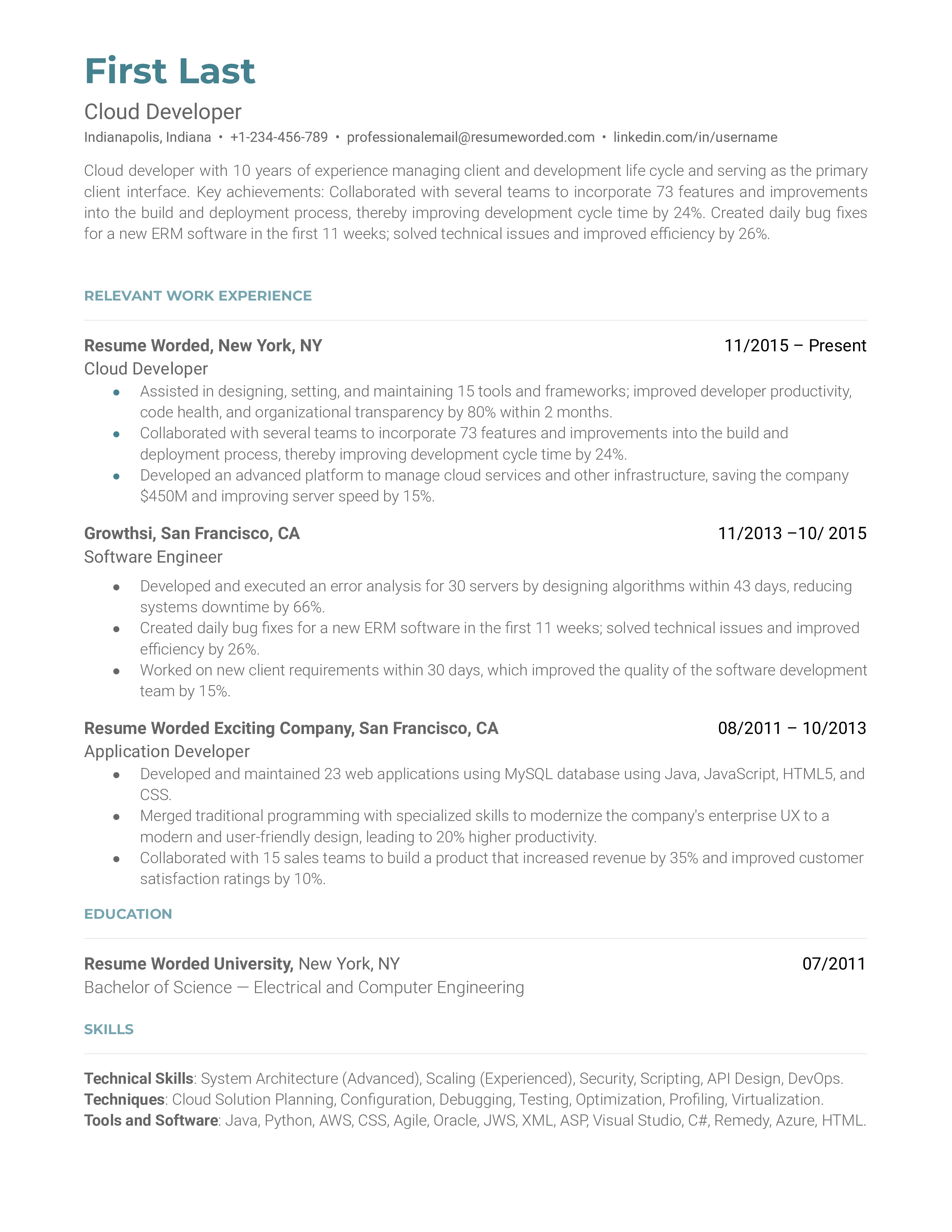 A cloud developer resume sample that highlights the applicant’s technical experience and skill set.