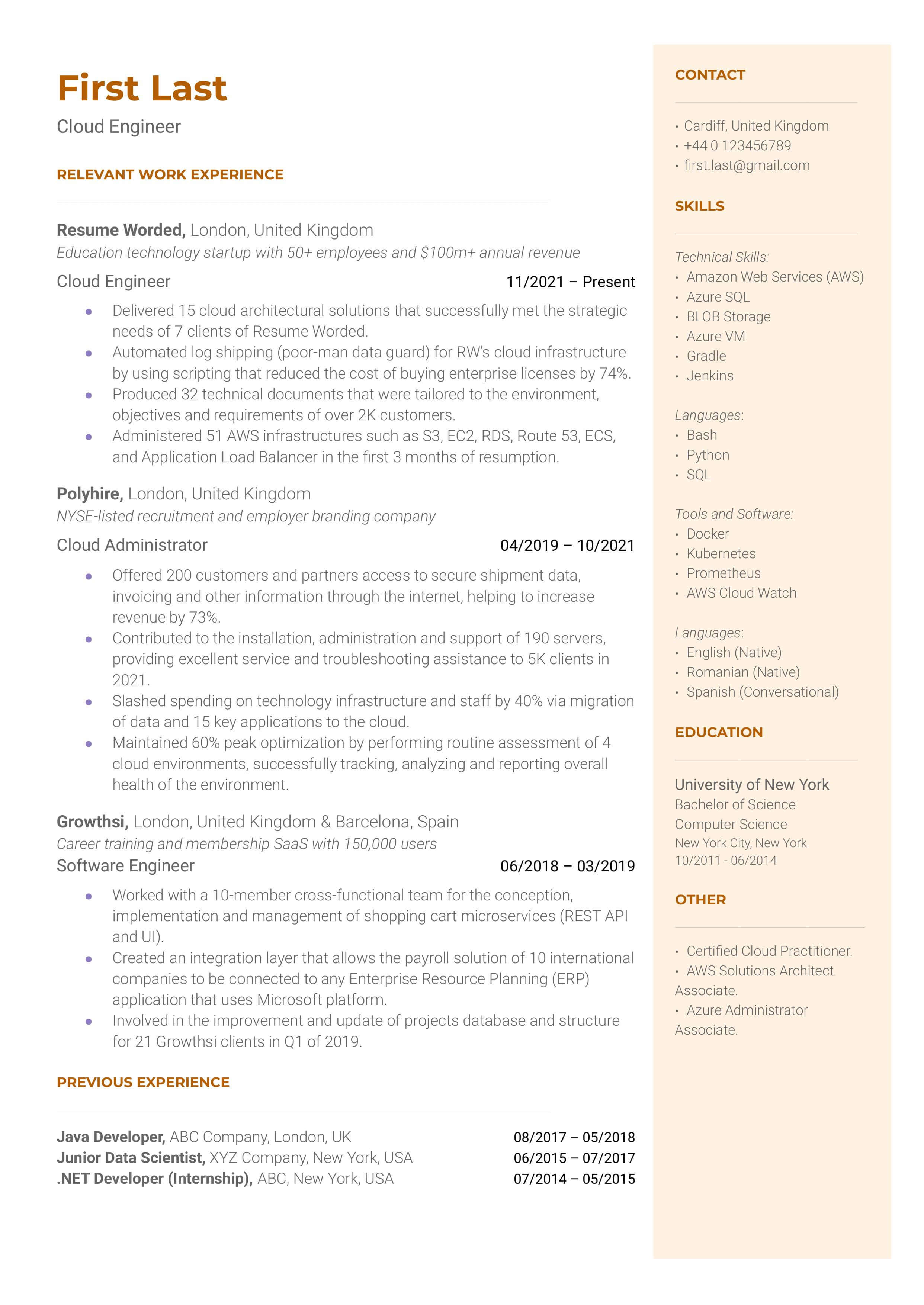 Cloud Engineer CV showcasing cloud platform proficiency and automation skills.