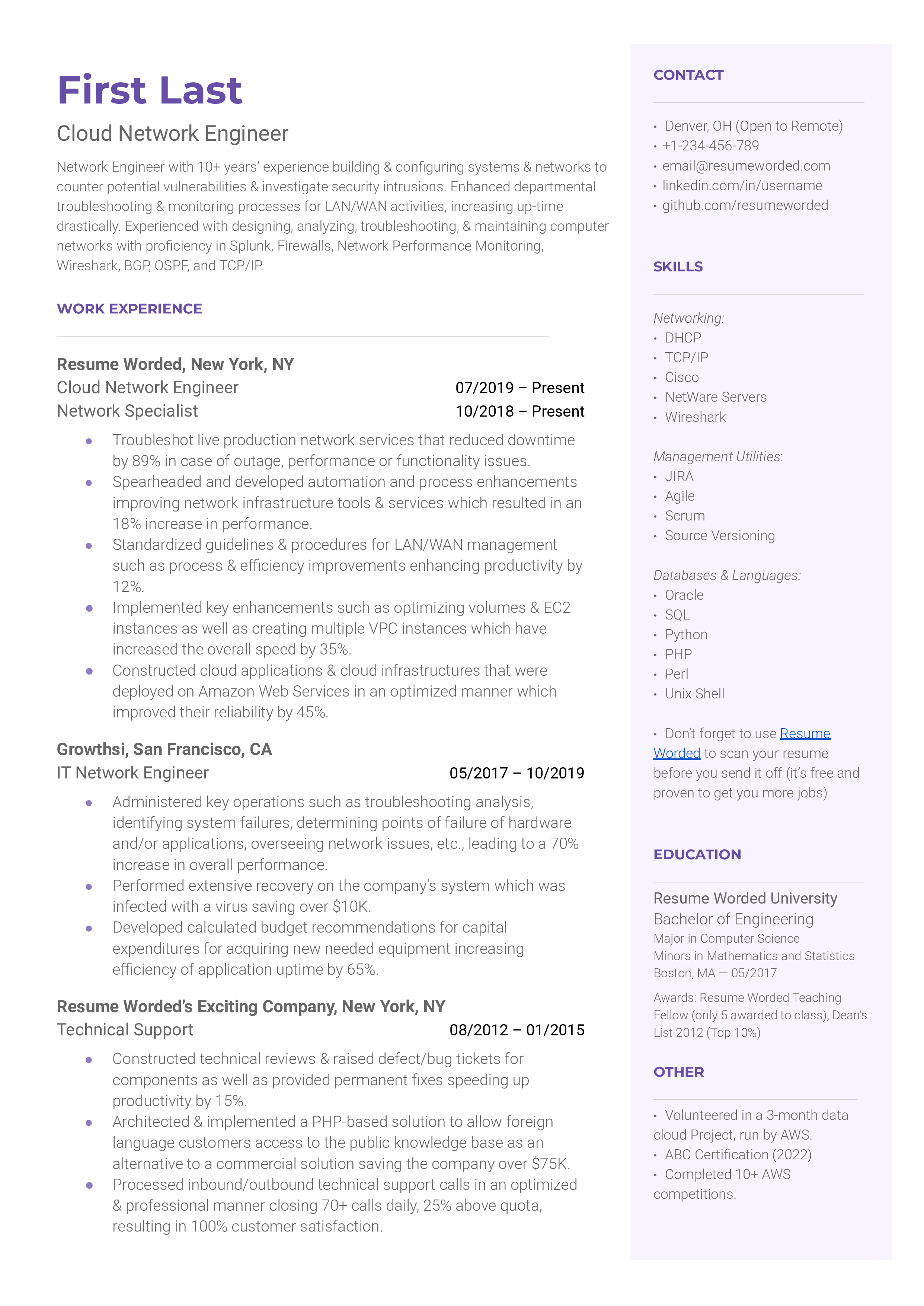 Cloud Network Engineer Resume Sample