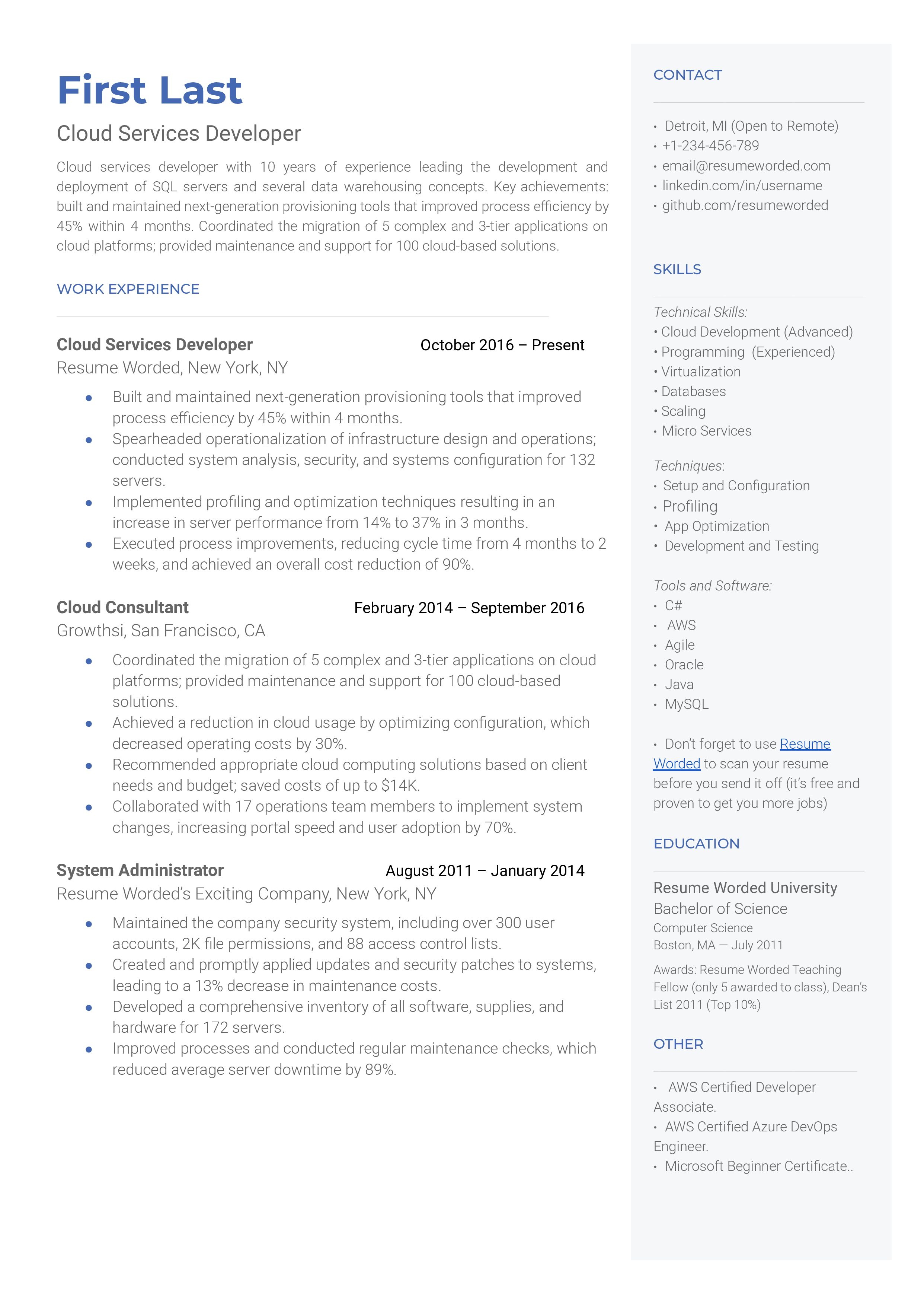 A cloud services developer resume sample that highlights the applicant’s career progression and certifications.