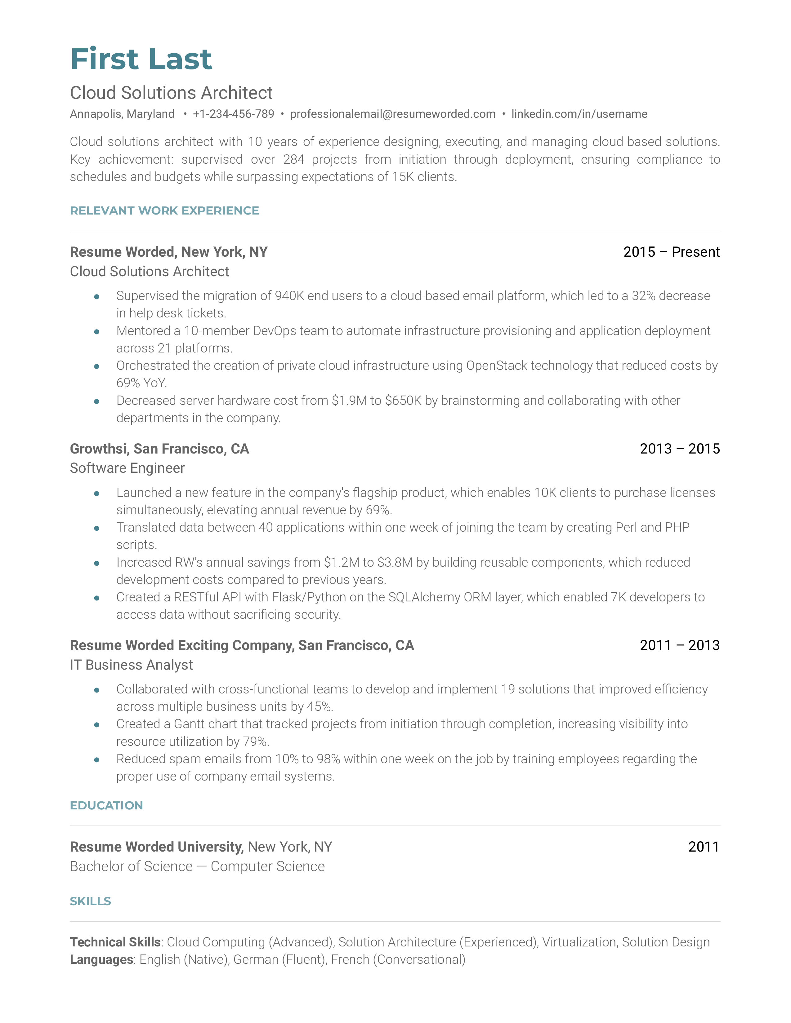 A cloud solutions architect resume template including strong metrics to illustrate achievements