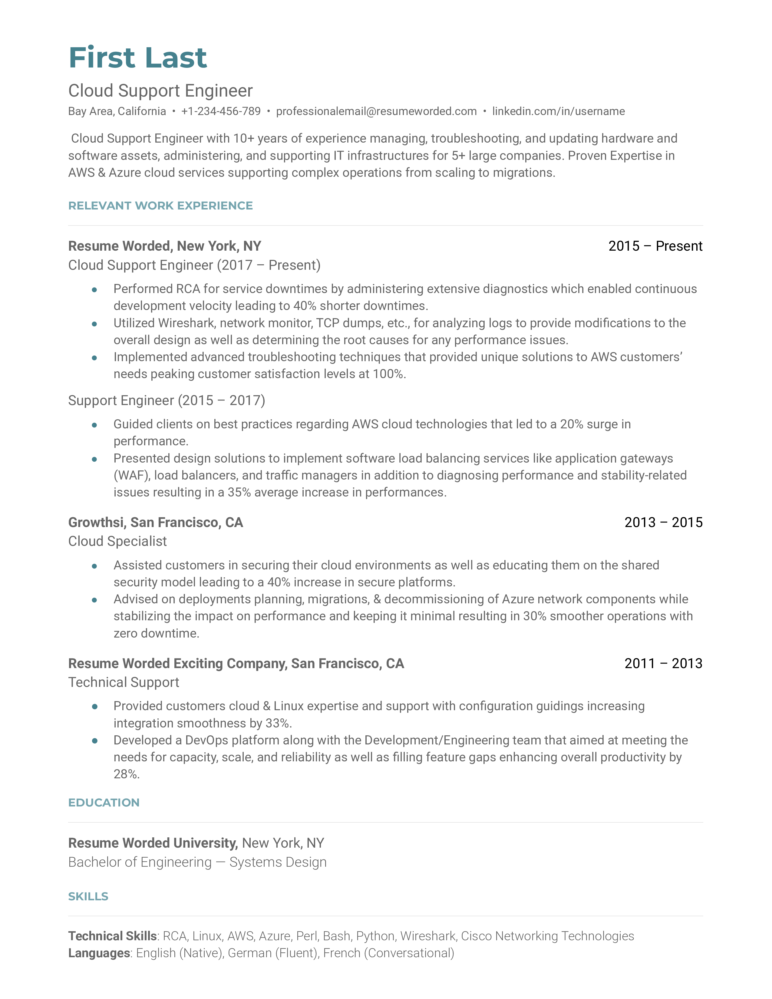 Cloud Support Engineer resume template