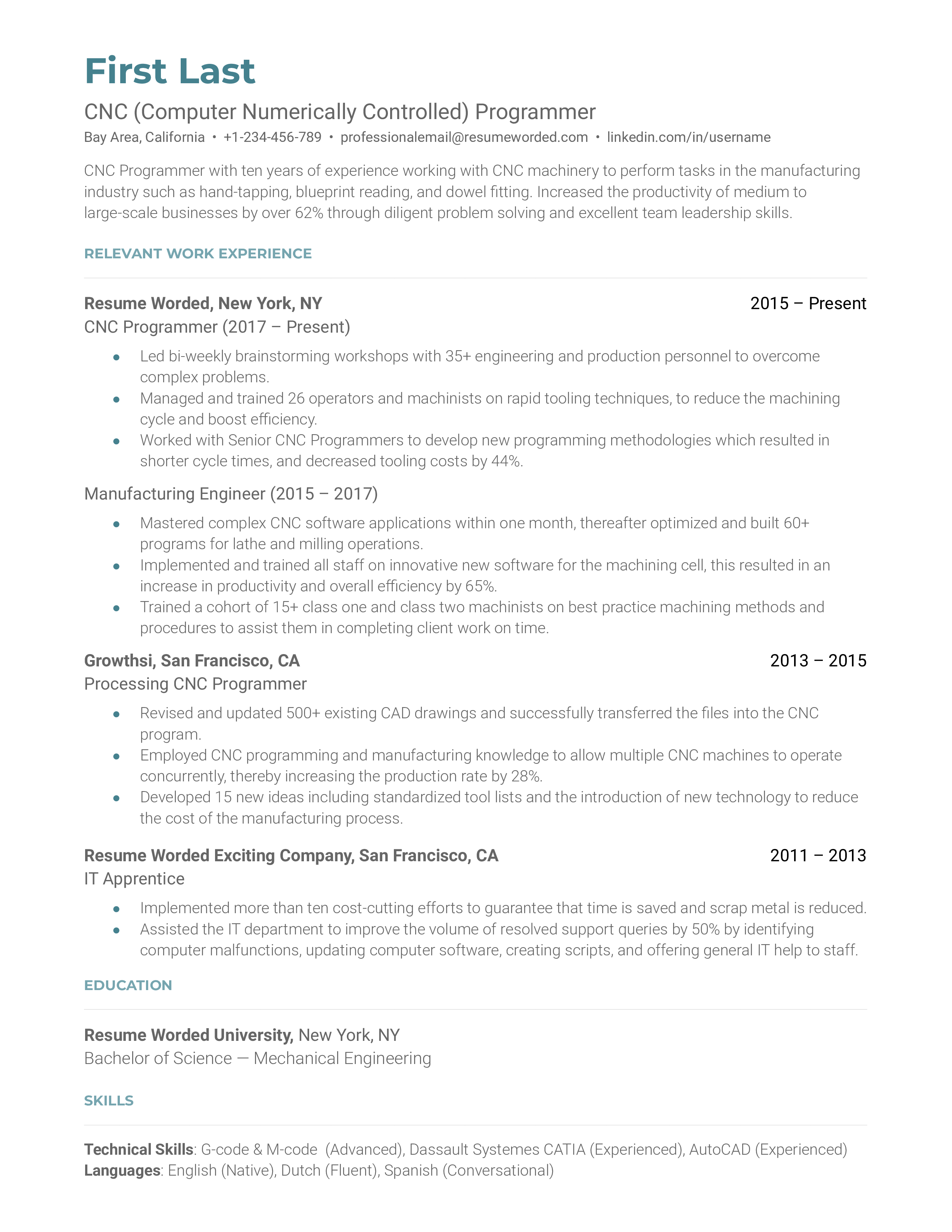 A CNC Programmer resume template that prioritizes work experience