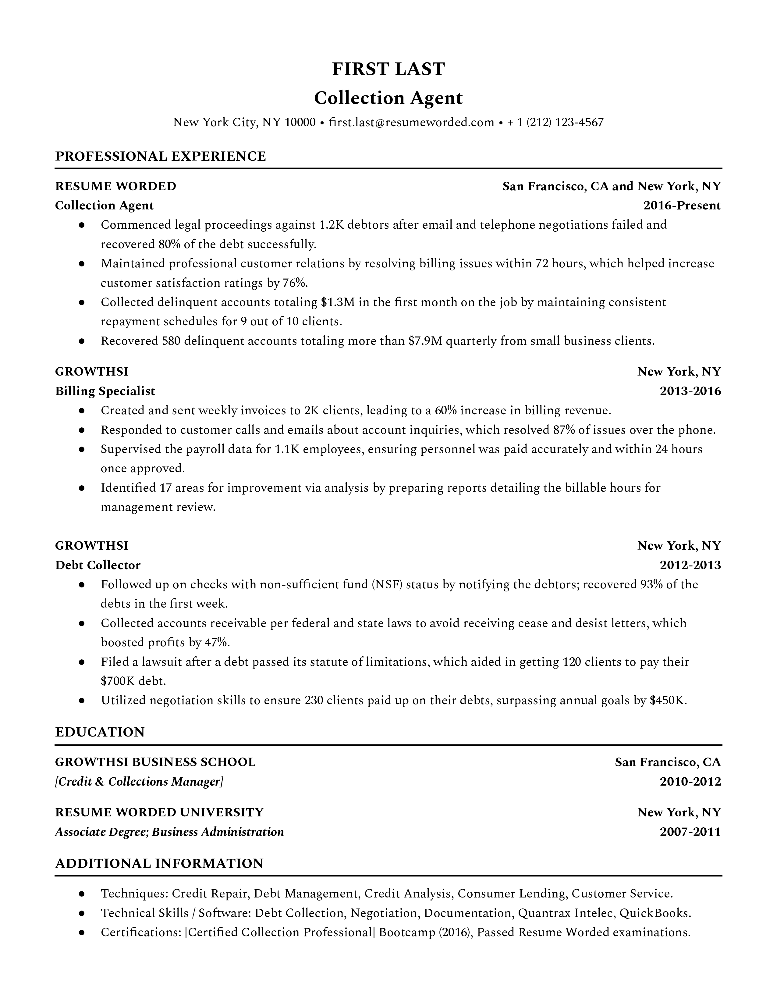 A recruiter-approved collections agent resume sample that highlights the applicant's impact on the bottom line and career growth.