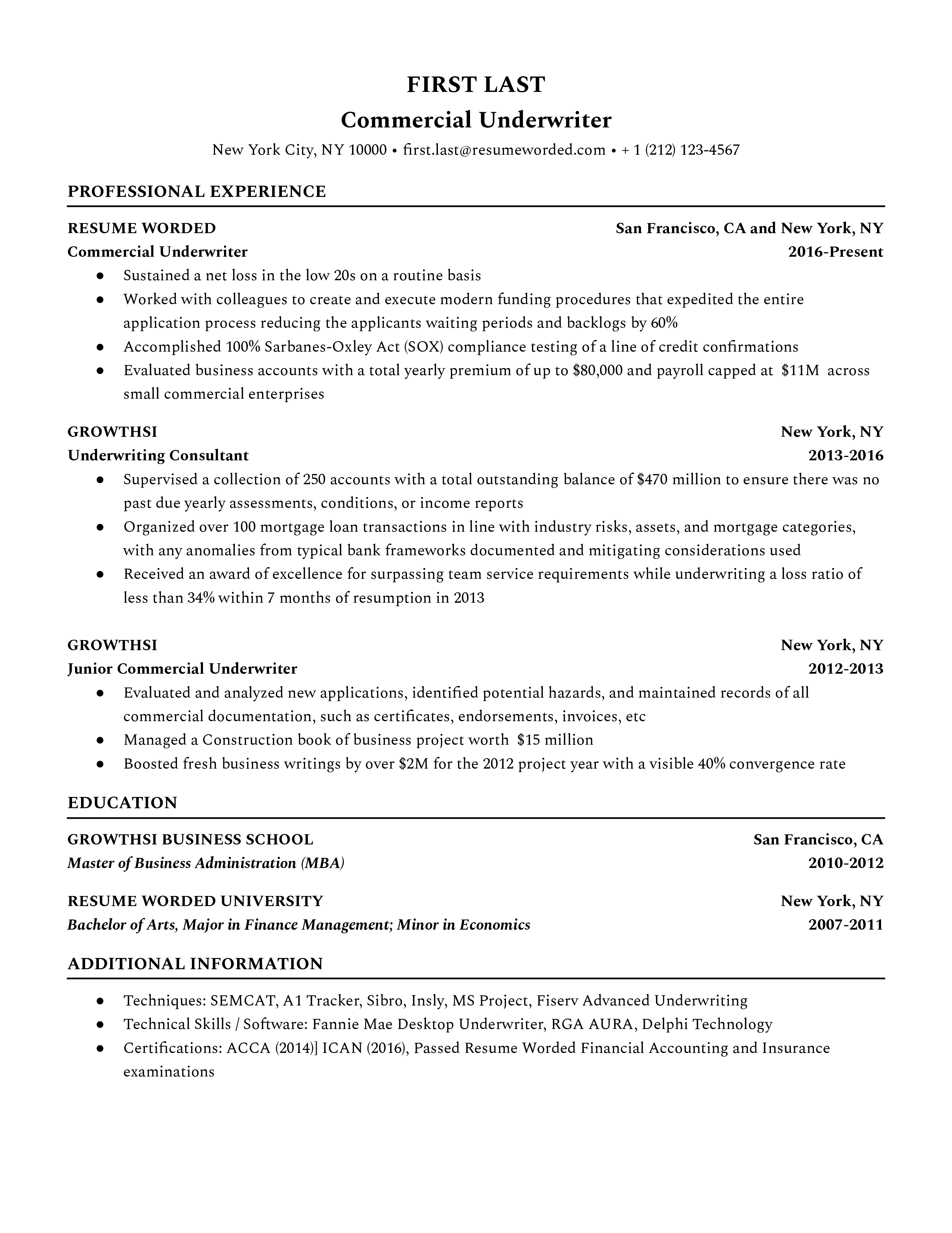 Commercial underwriter resume emphasizing analytical skills and software proficiency.