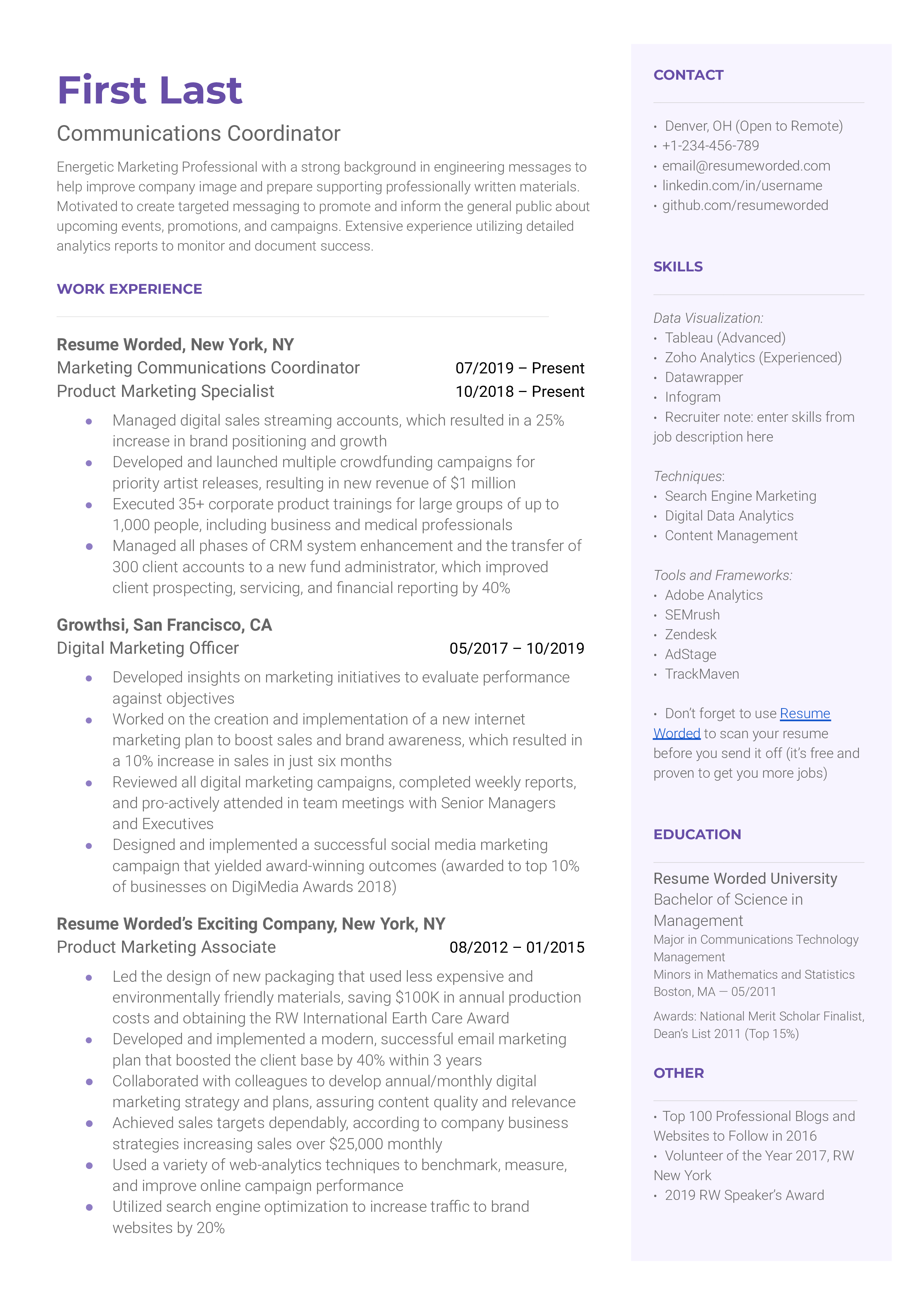 Communications Coordinator / PR Coordinator Resume Sample