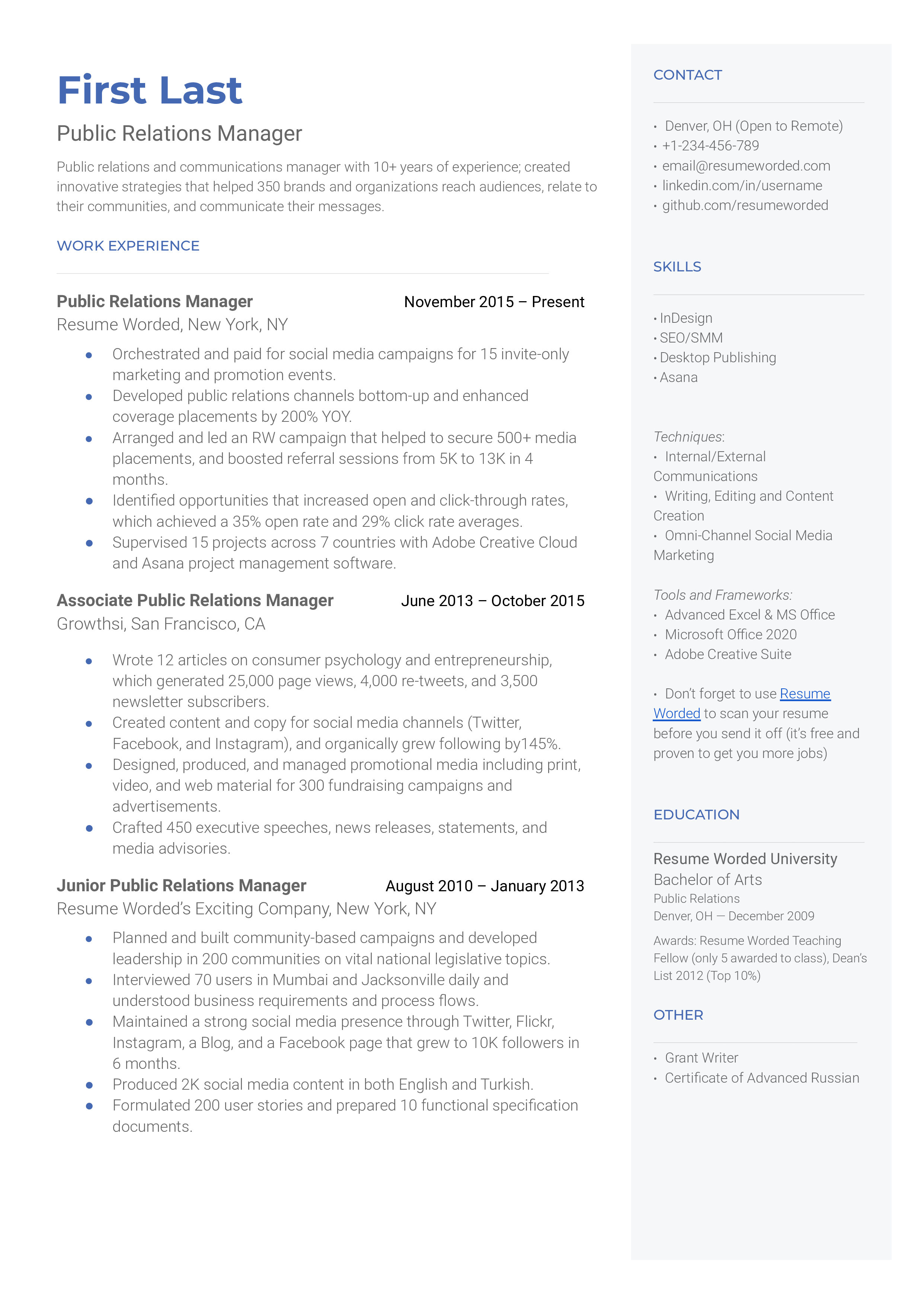 A communications coordinator resume sample that highlights the applicant’s career progression and awards.