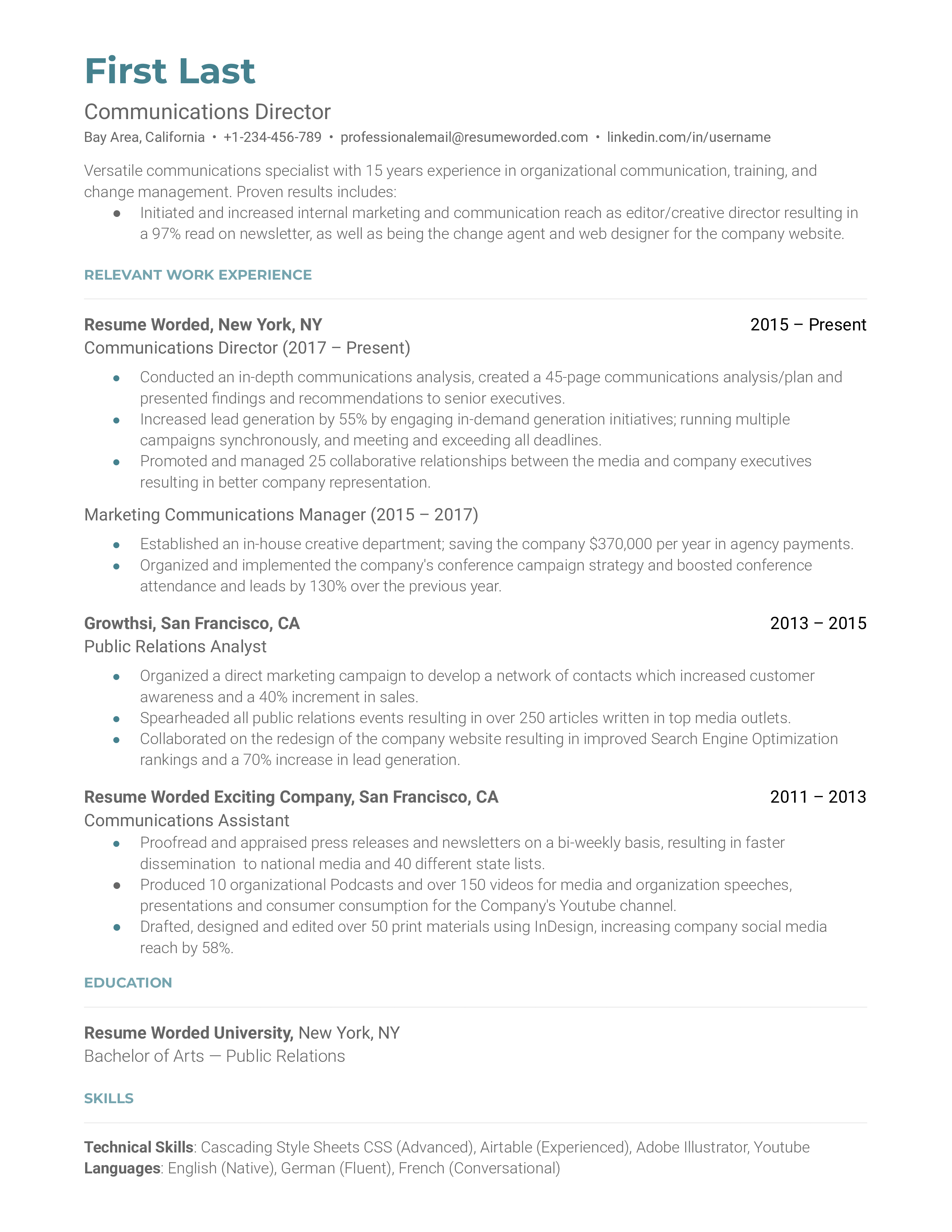 A well-organized CV for a Communications Director emphasizing crisis communication experience and digital proficiency.