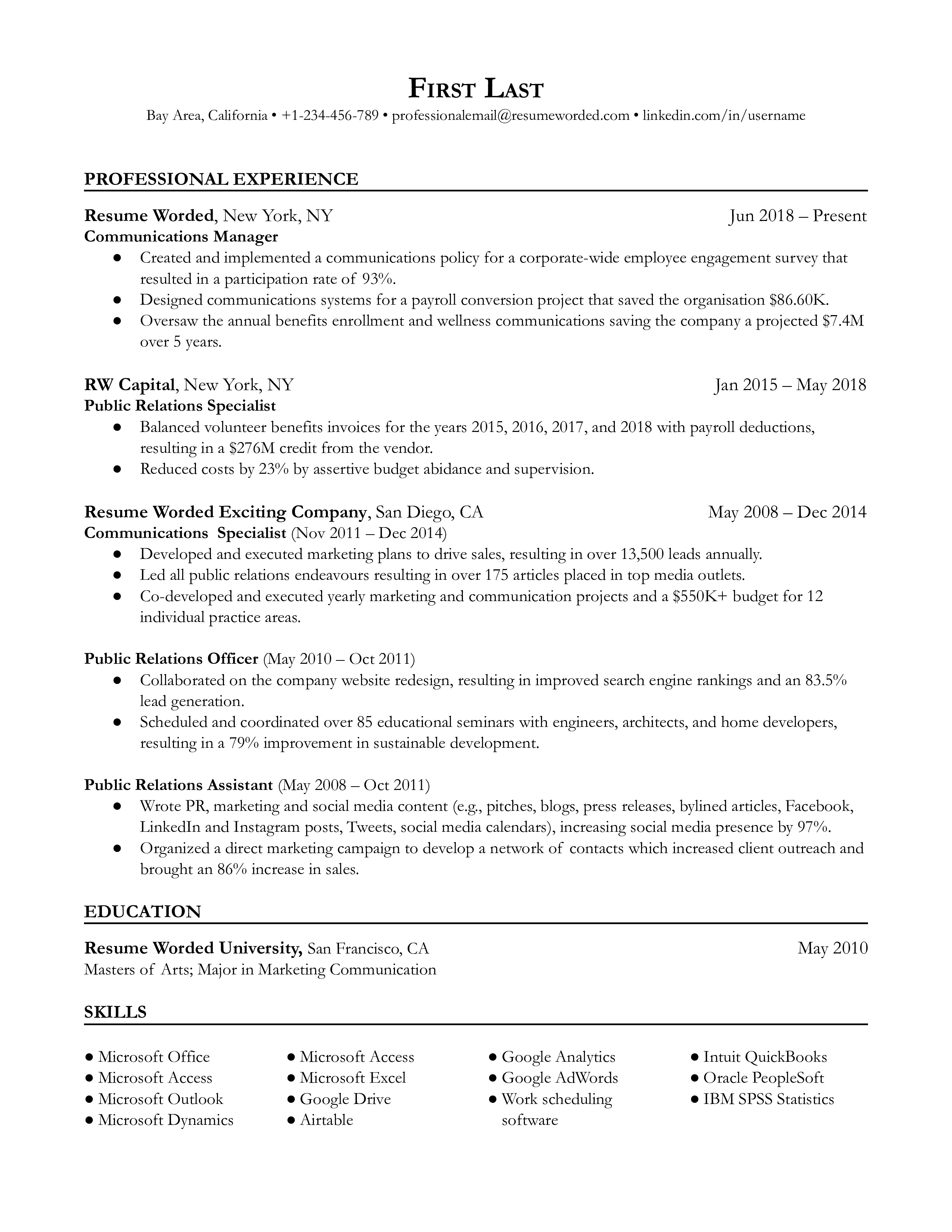 A communications manager resume that highlights the skills and required experience to manage a company’s communications