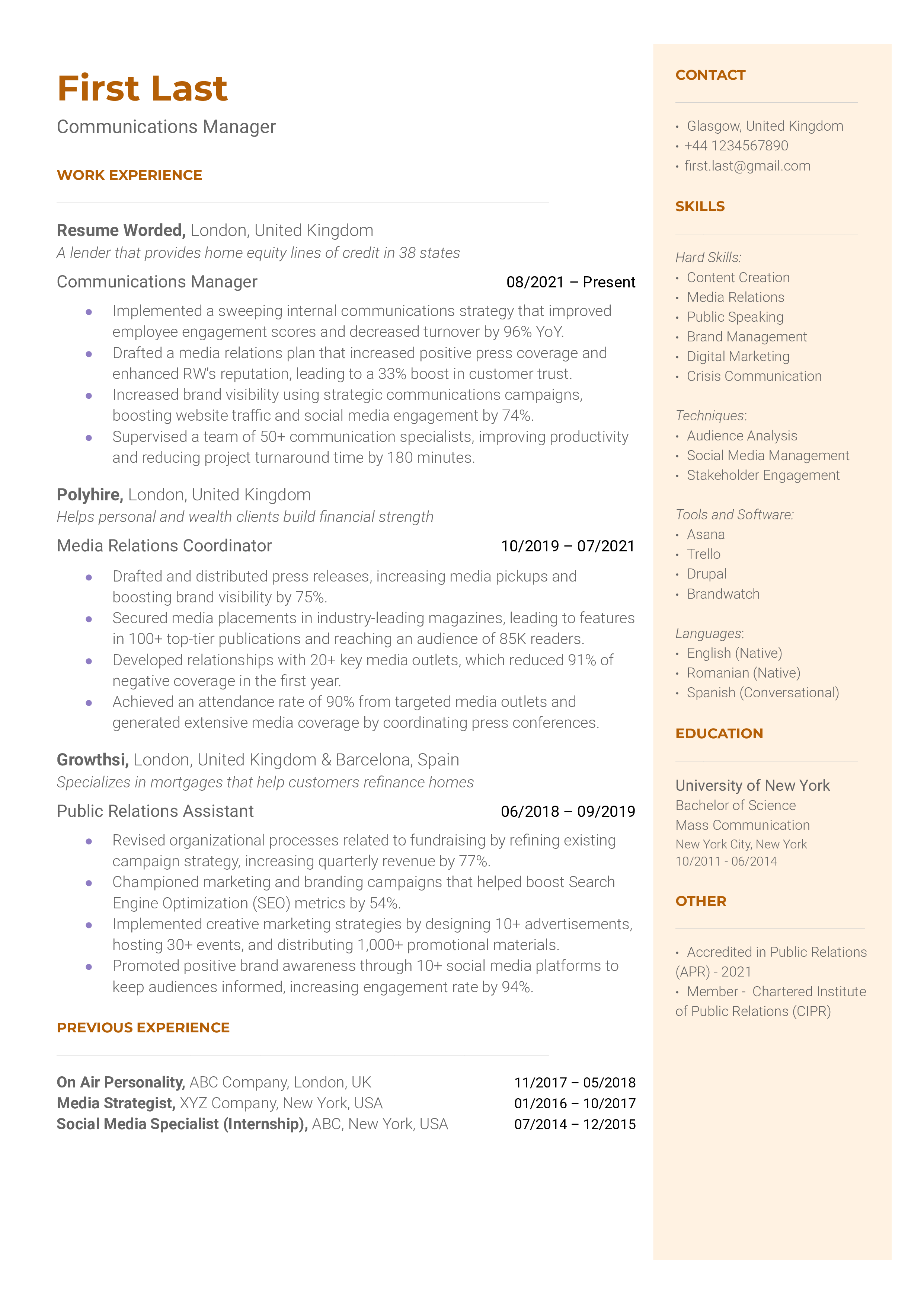 Communications Manager Resume Sample