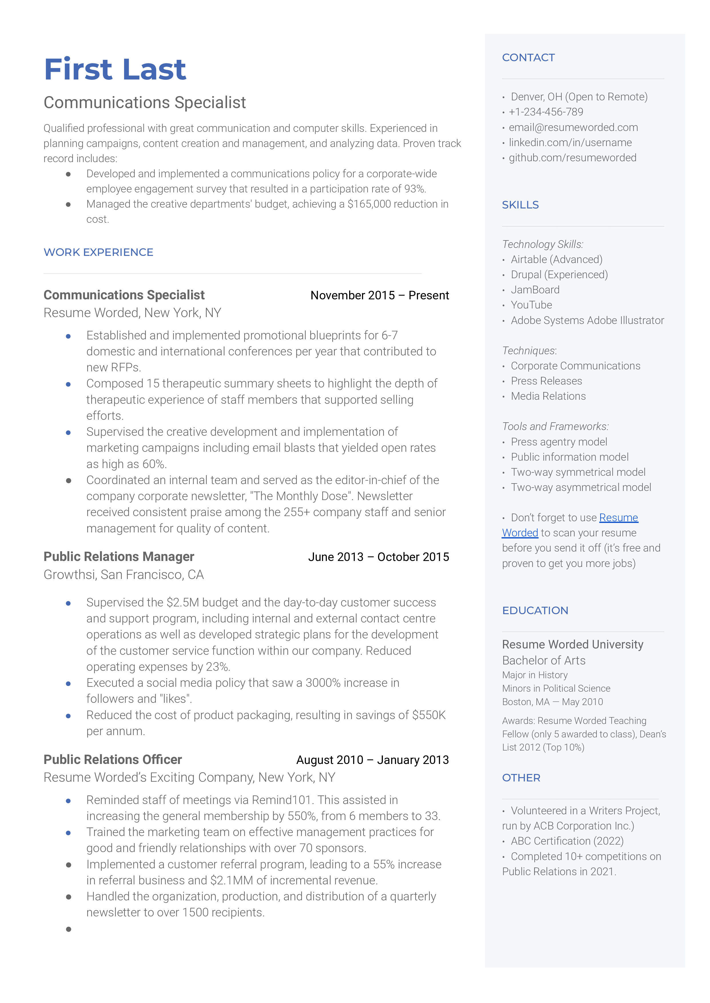A Communications Specialist's CV showcasing digital proficiency and quantifiable results.