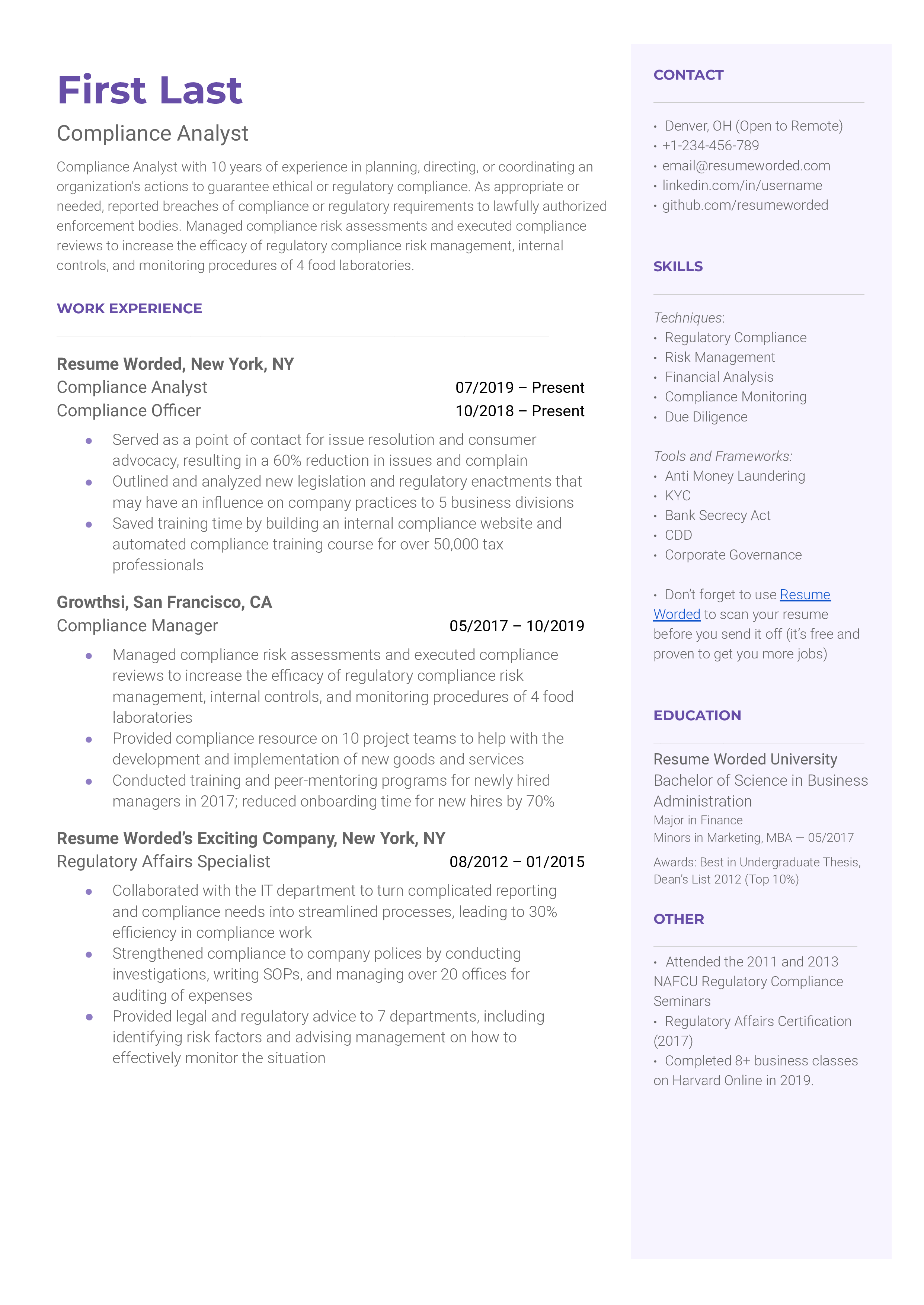 Compliance analyst resume example