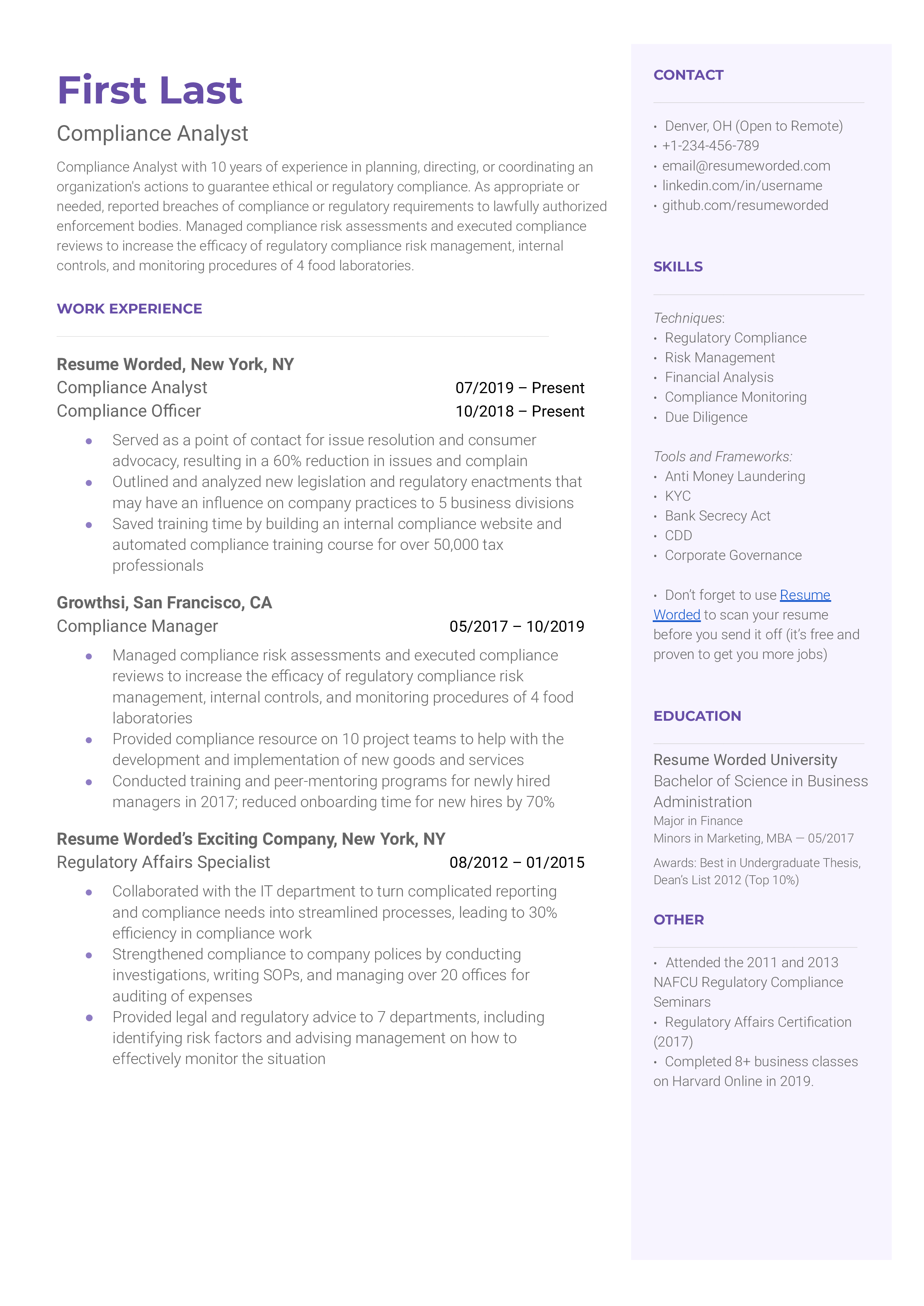 A well-structured CV for a Compliance Analyst role.