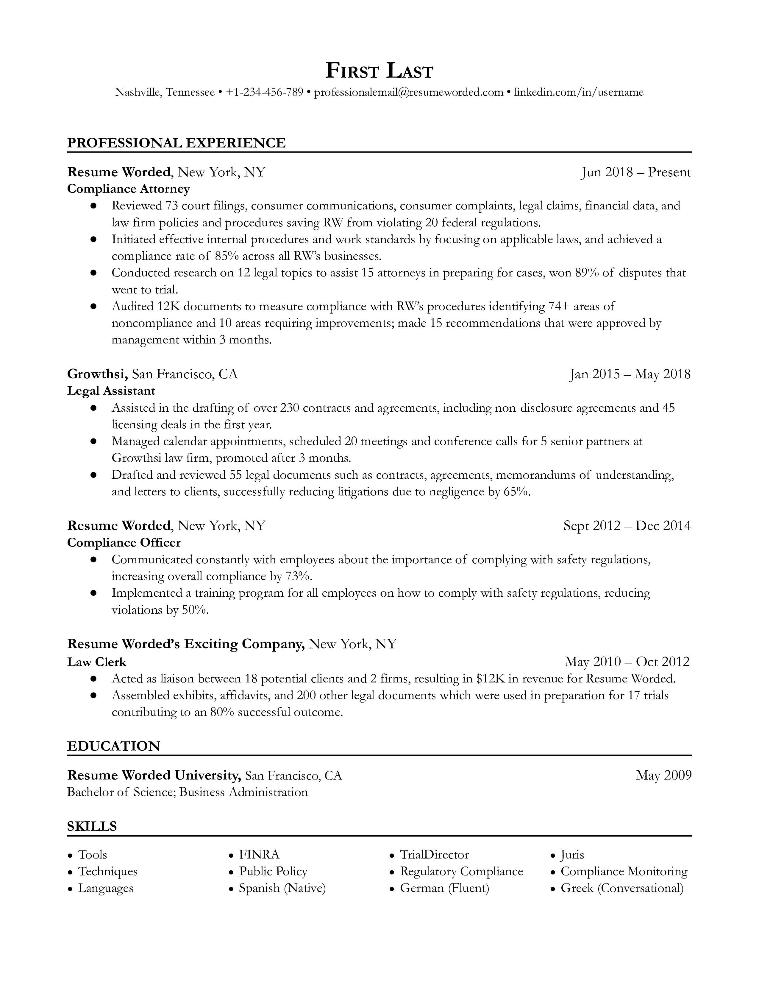 Compliance attorney resume example