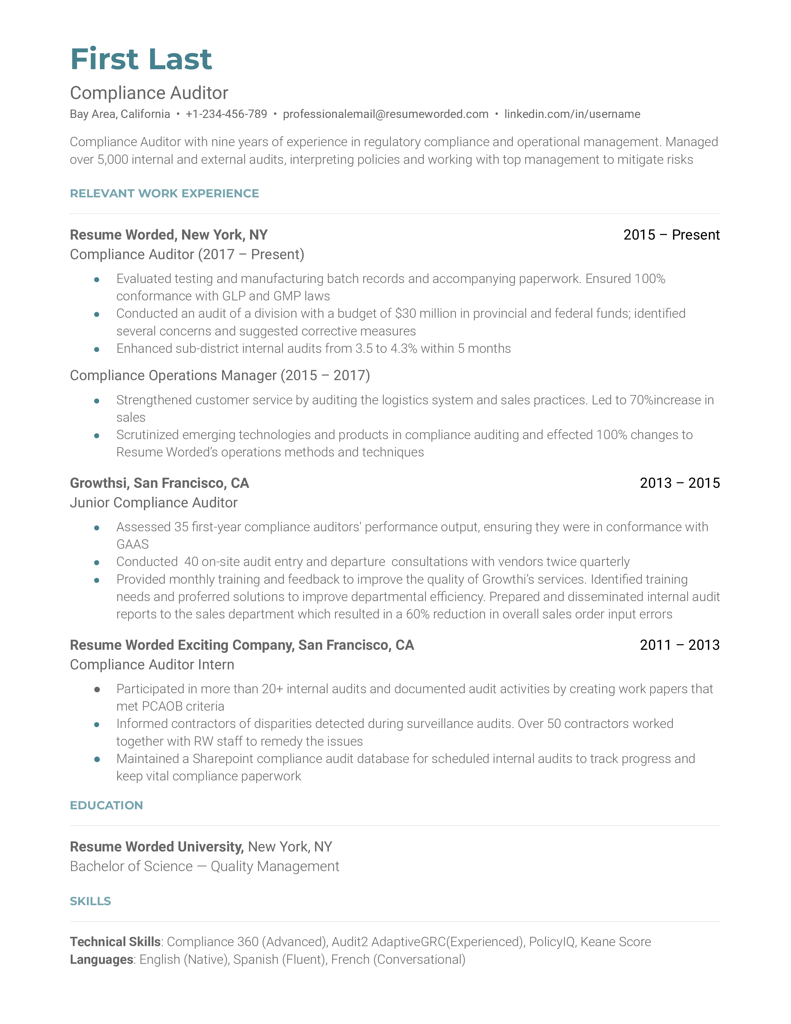 Compliance auditor resume example