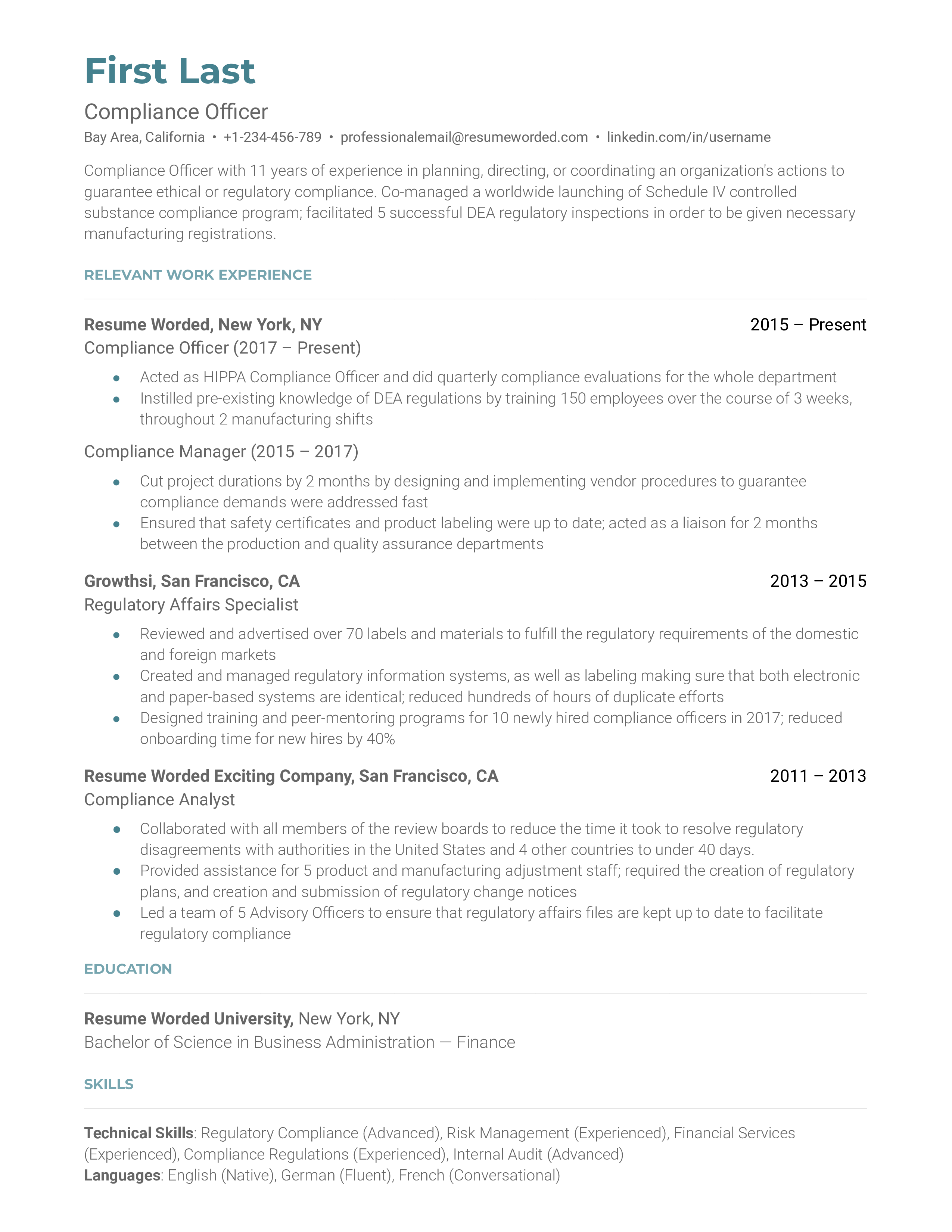 Compliance officer resume example