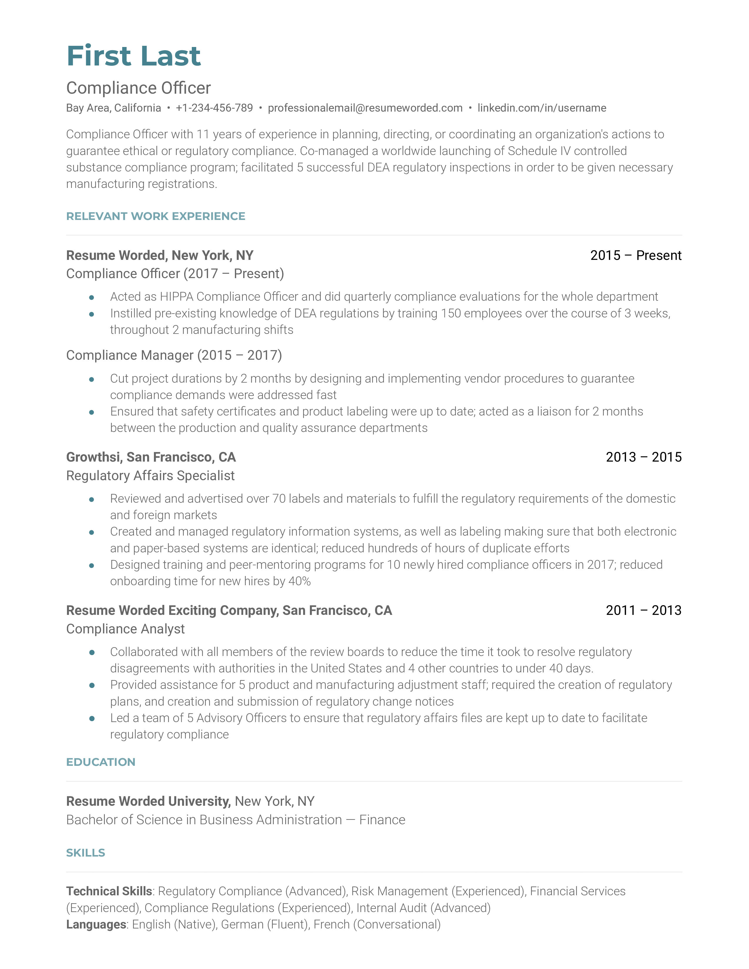 12 Compliance Resume Examples For 2023 Resume Worded, 60% OFF