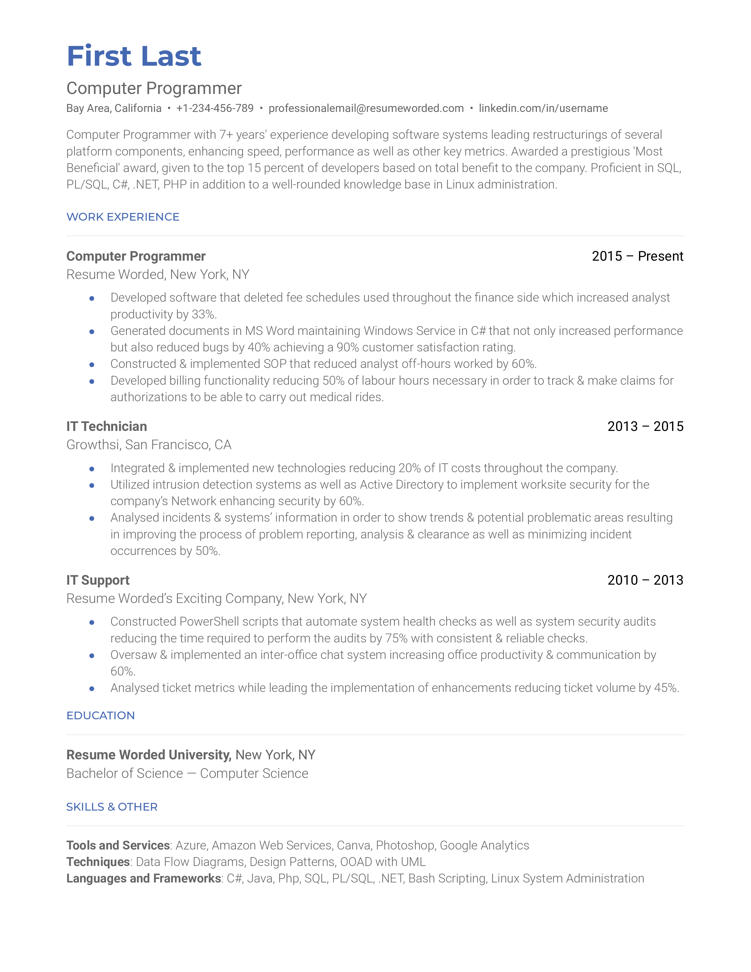A cronological computer programmer resume template that includes education and skills