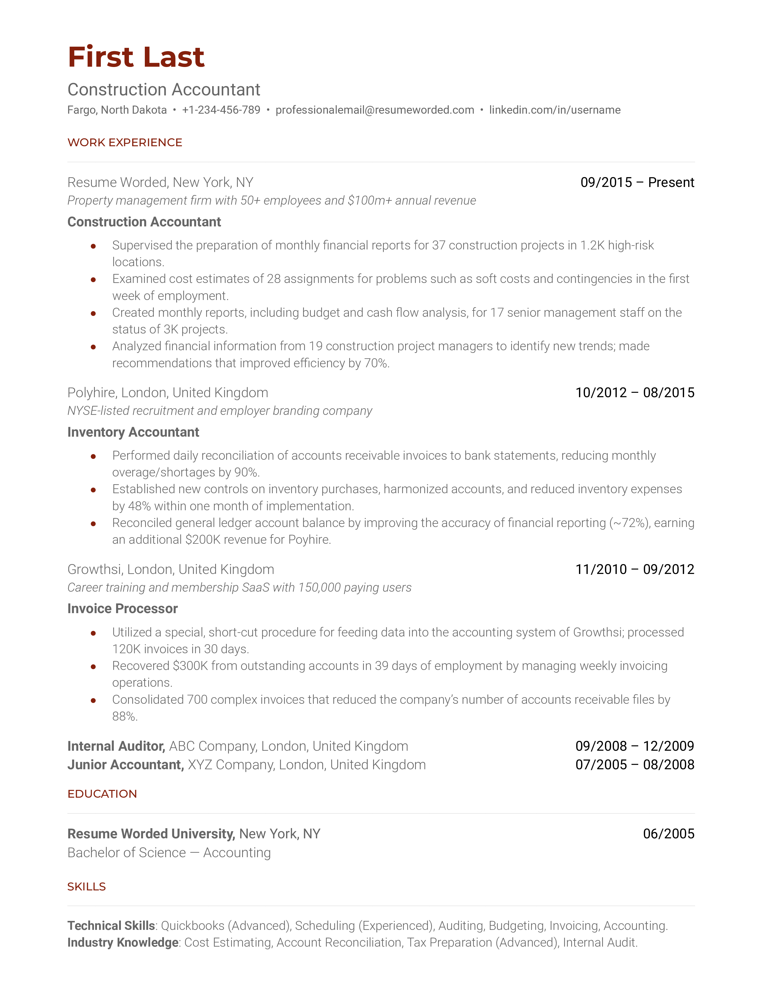 Construction Accountant Resume Sample