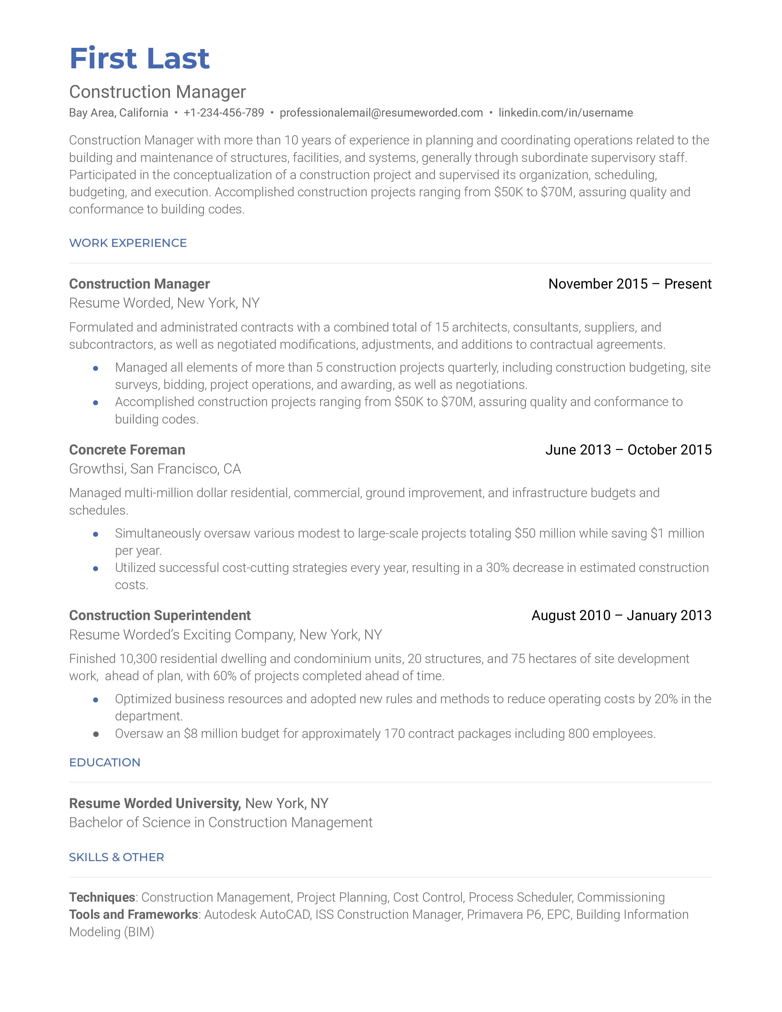 A CV for a Construction Manager showcasing digital proficiency and sustainable construction knowledge.
