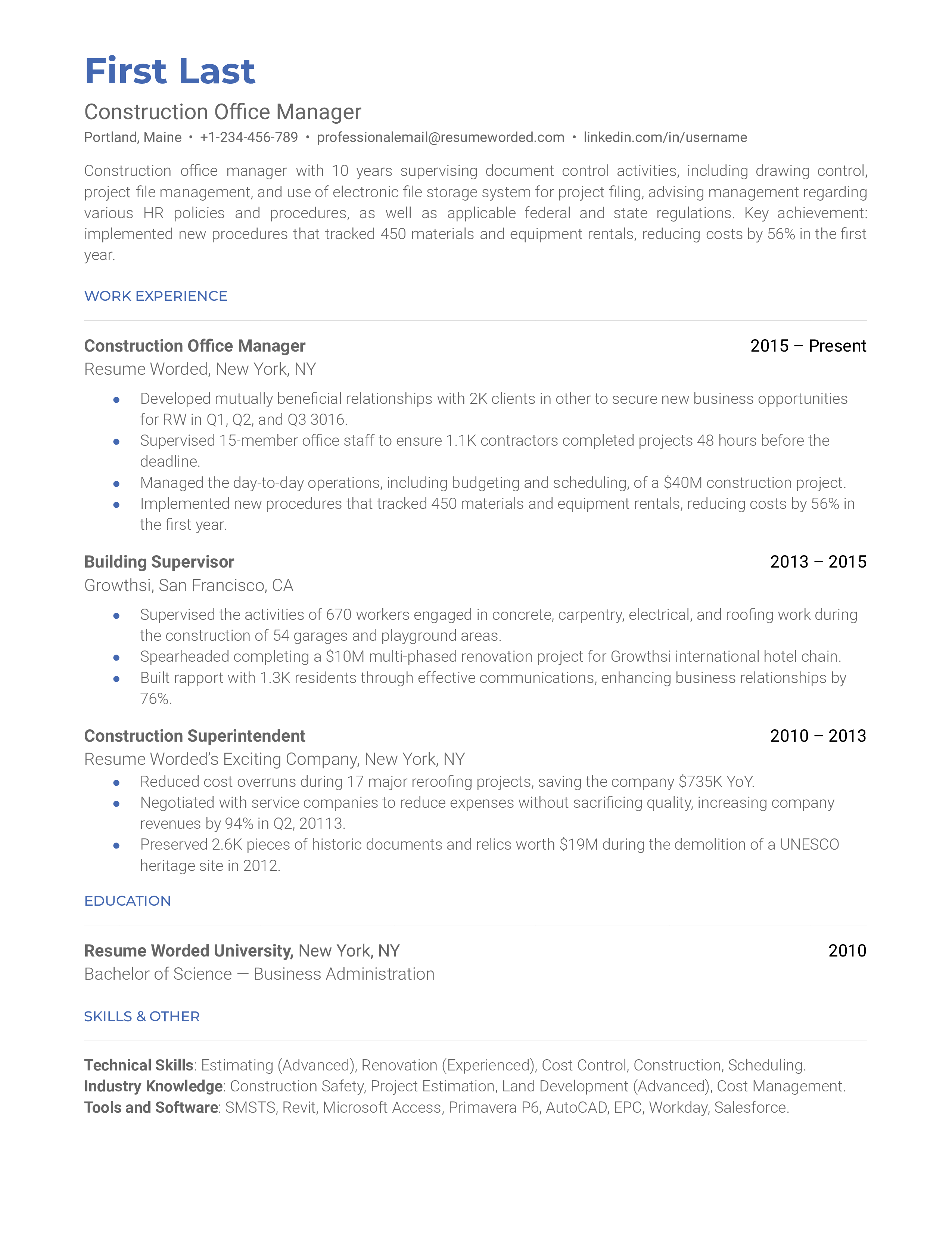 A construction office manager resume sample that highlights the applicant’s construction-specific skills and experience.