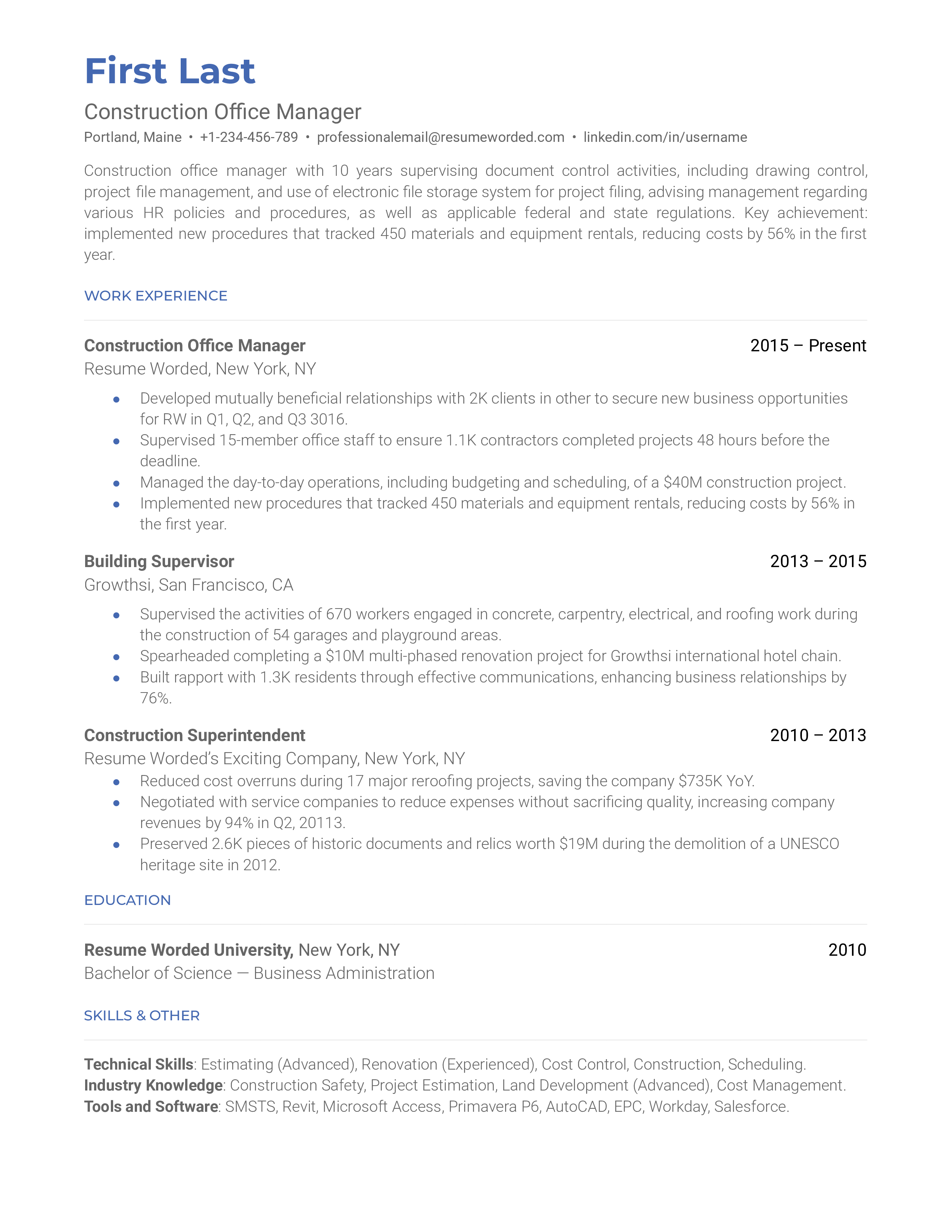 Construction Office Manager Resume Example for 2023 | Resume Worded