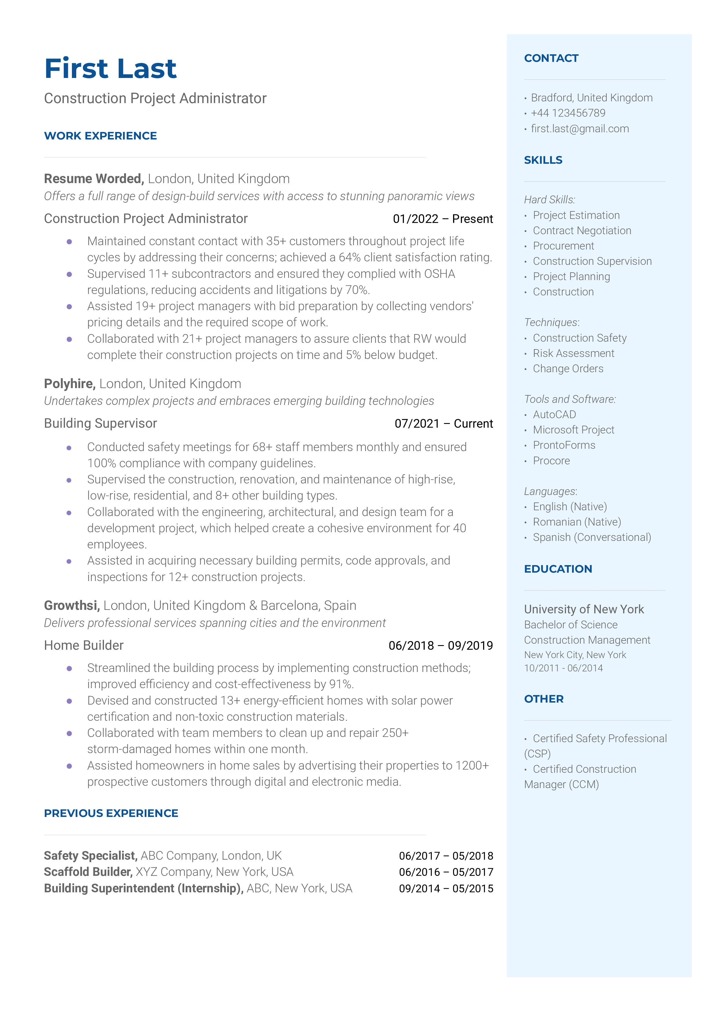 Construction Project Administrator Resume Sample